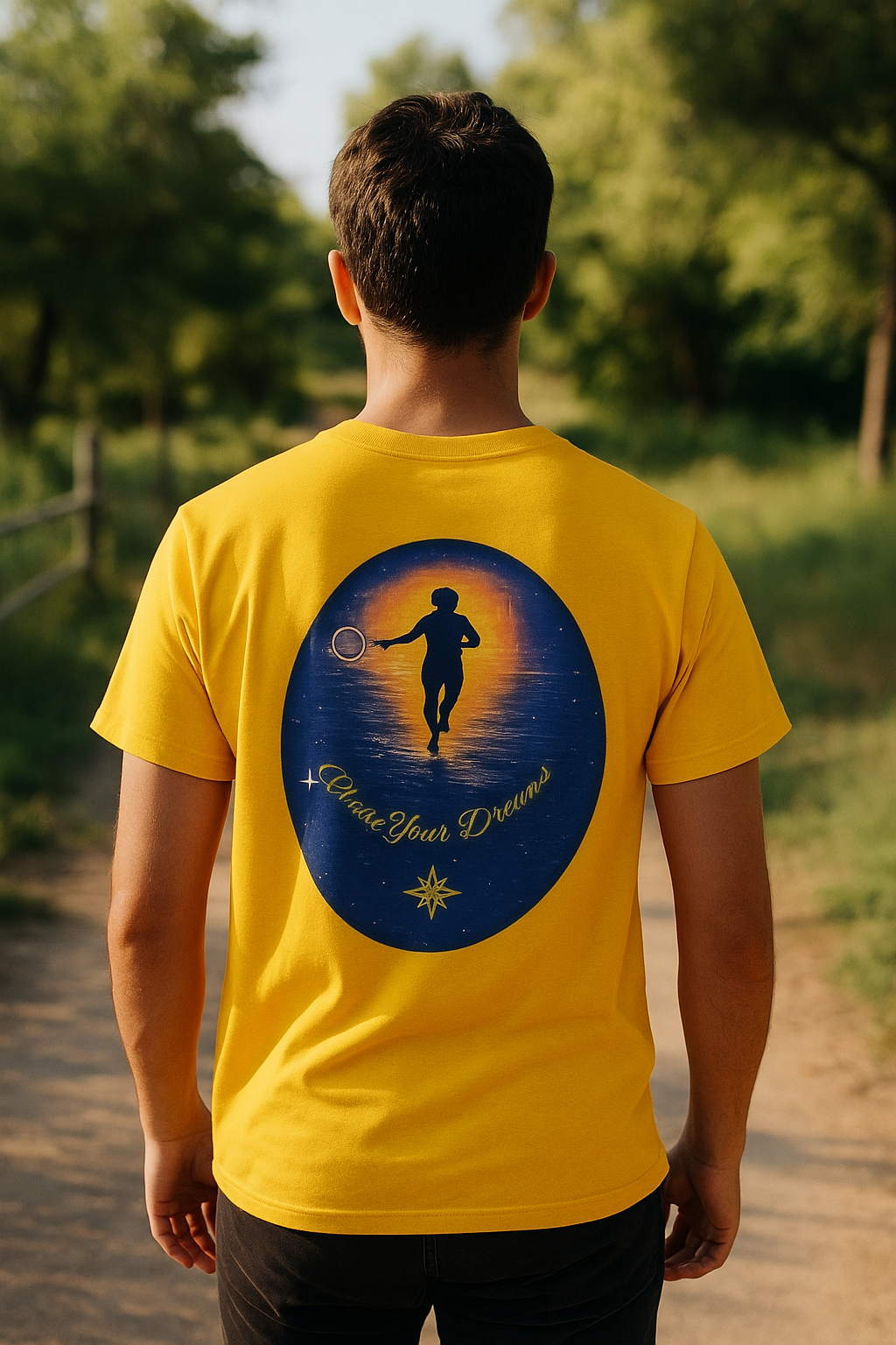 Chase Your Dreams – Sunrise Silhouette Back Printed Heavy Cotton Tee, Inspirational and Motivational Apparel, Gift for Dreamers, Creative Expression Wear