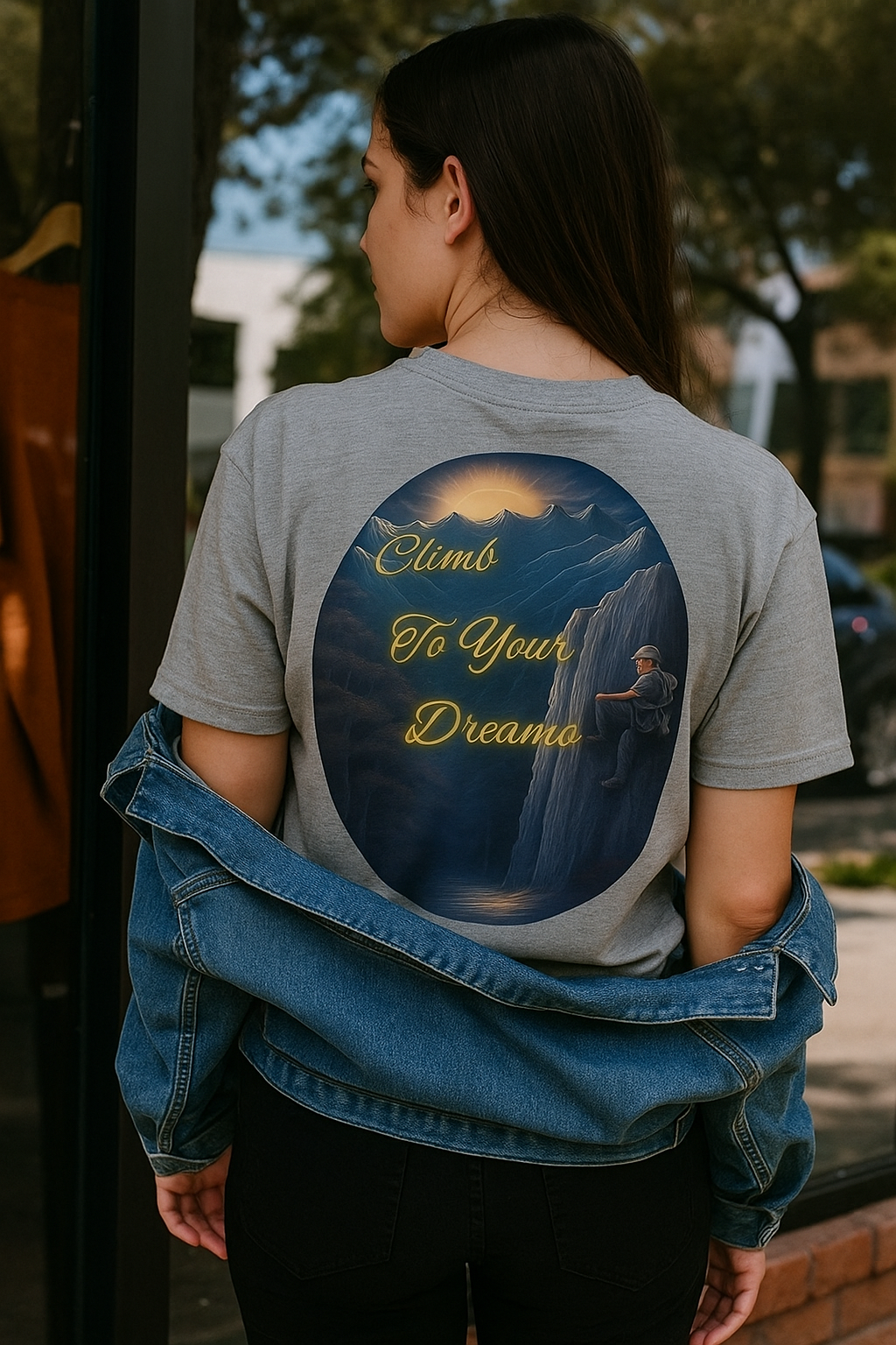 Climb To Your Dreams – Rock Climber Back-Print Tee + Front Badge | Gildan 5000, Inspirational and Motivational Apparel, Gift for Dreamers, Creative Expression Wear