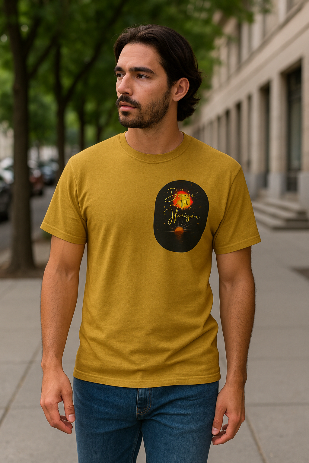 Dreams on the Horizon – Sunrise Back-Print Heavy Cotton Tee, Inspirational and Motivational Apparel, Gift for Dreamers, Creative Expression Wear
