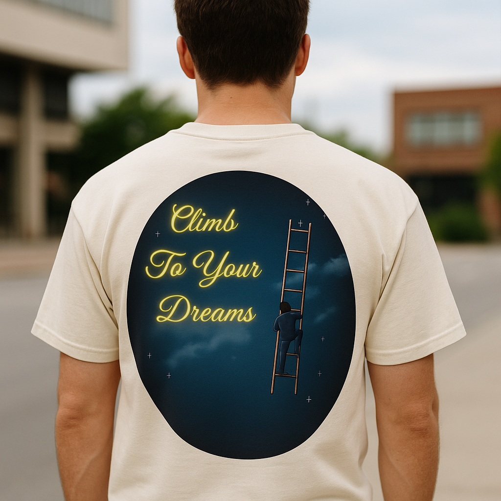 Climb To Your Dreams – Starry Night Ladder Back-Print Tee + Front Badge | Gildan 5000, Inspirational and Motivational Apparel, Gift for Dreamers, Creative Expression Wear