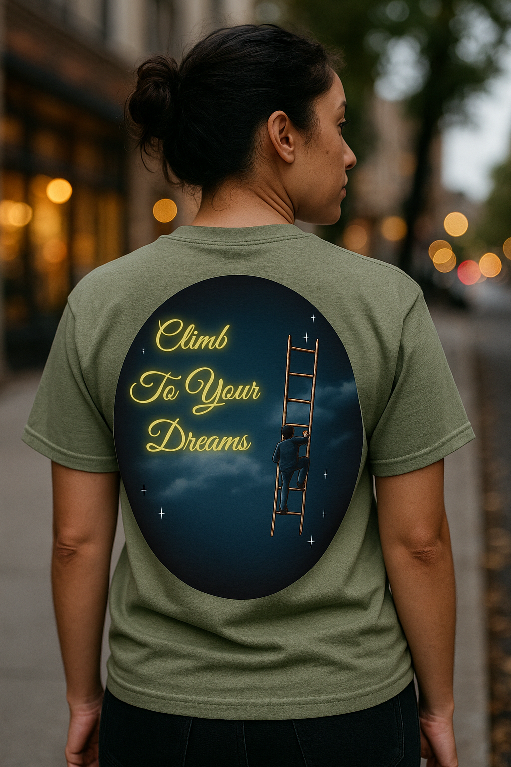 Climb To Your Dreams – Starry Night Ladder Back-Print Tee + Front Badge | Gildan 5000, Inspirational and Motivational Apparel, Gift for Dreamers, Creative Expression Wear