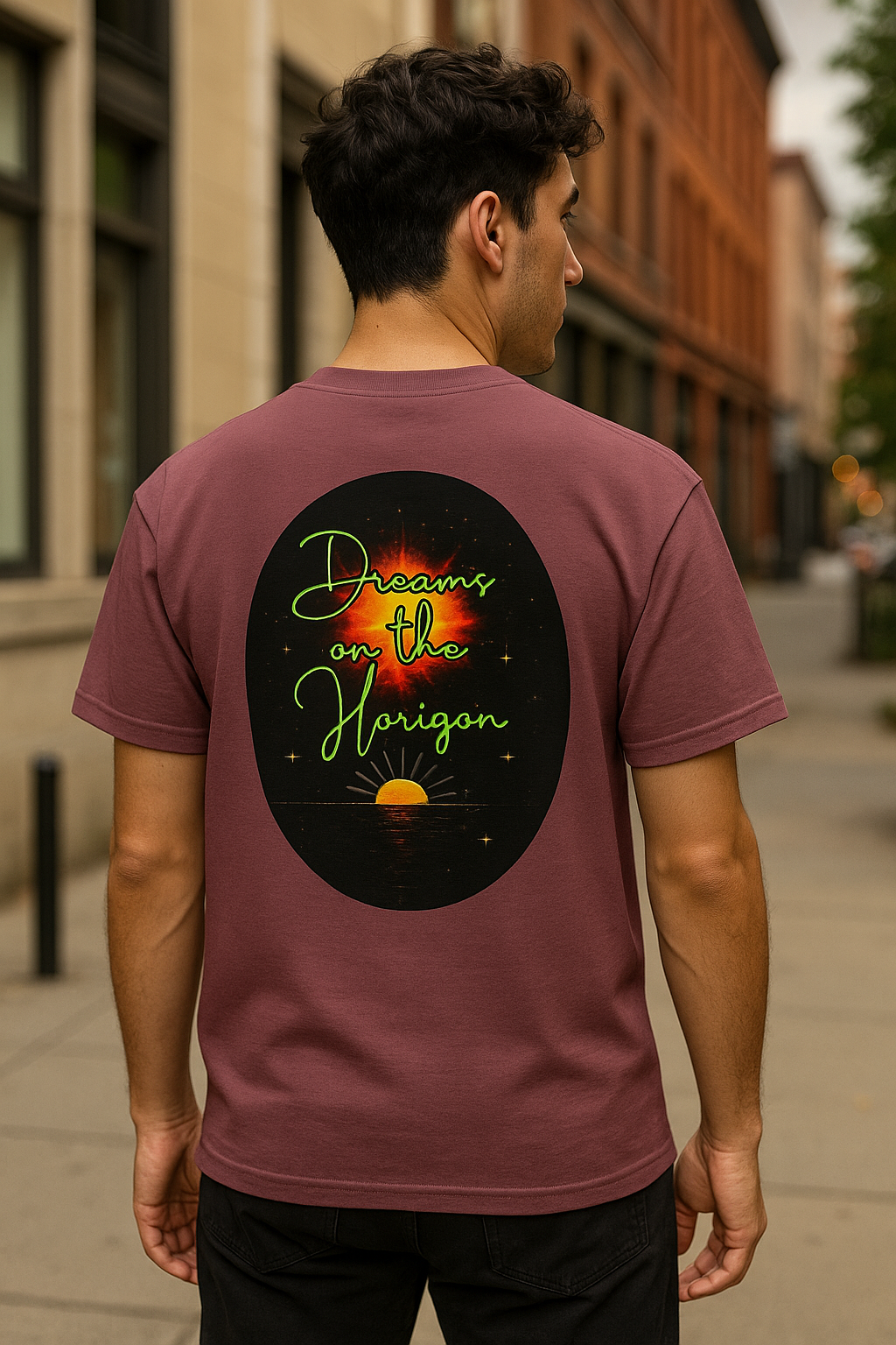 Dreams on the Horizon (Lemongrass) – Sunrise Back-Print Heavy Cotton Tee, Inspirational and Motivational Apparel, Gift for Dreamers, Creative Expression Wear