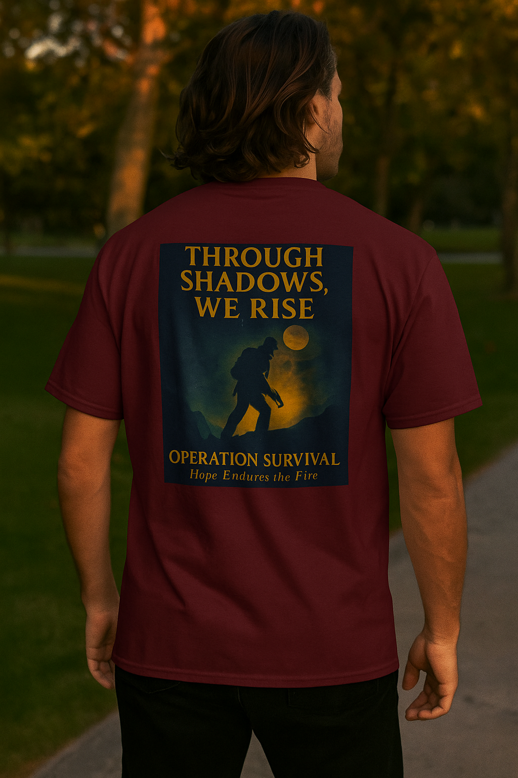 Through Shadows, We Rise - Back-print Cinematic Artwork Operation Survival Tee. Inspirational and Motivational Apparel, Gift for Dreamers, Creative Expression Wear