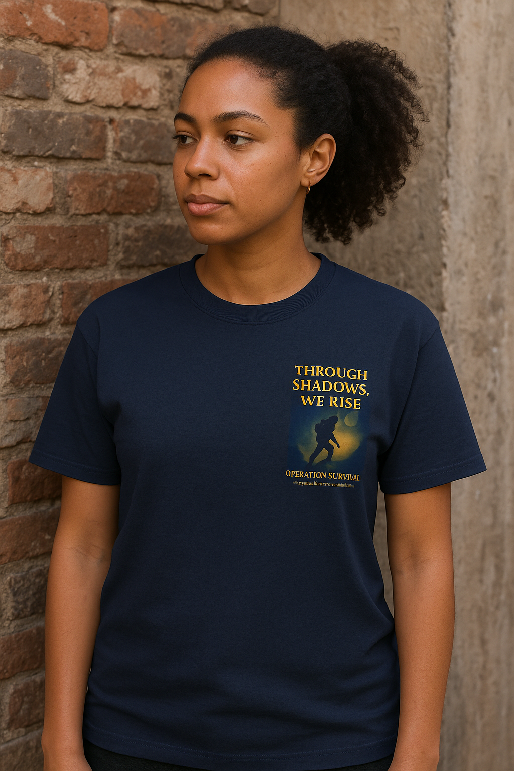 Through Shadows, We Rise - Back-print Cinematic Artwork Operation Survival Tee. Inspirational and Motivational Apparel, Gift for Dreamers, Creative Expression Wear