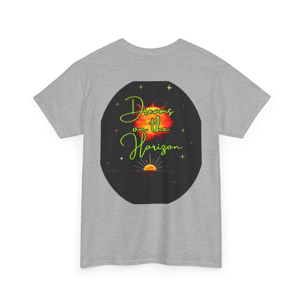 Dreams on the Horizon (Lemongrass) – Sunrise Back-Print Heavy Cotton Tee, Inspirational and Motivational Apparel, Gift for Dreamers, Creative Expression Wear