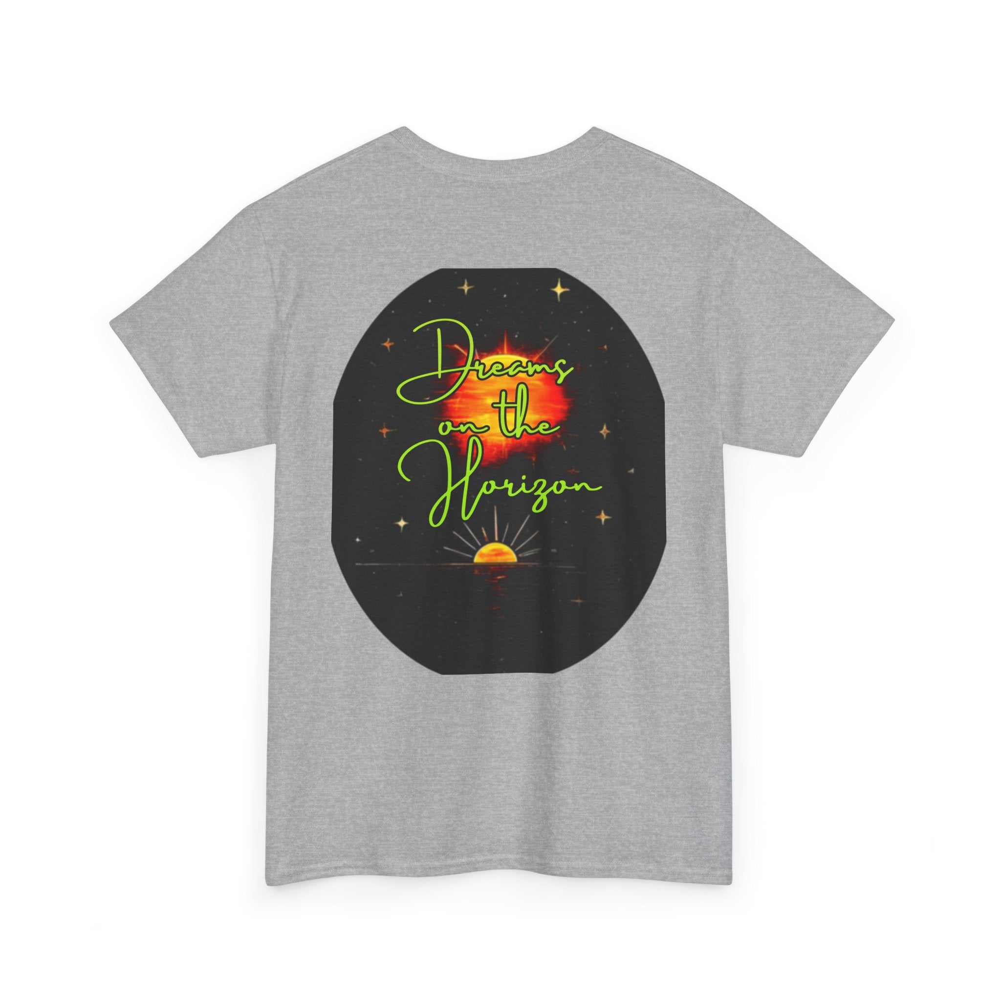 Dreams on the Horizon (Lemongrass) – Sunrise Back-Print Heavy Cotton Tee, Inspirational and Motivational Apparel, Gift for Dreamers, Creative Expression Wear
