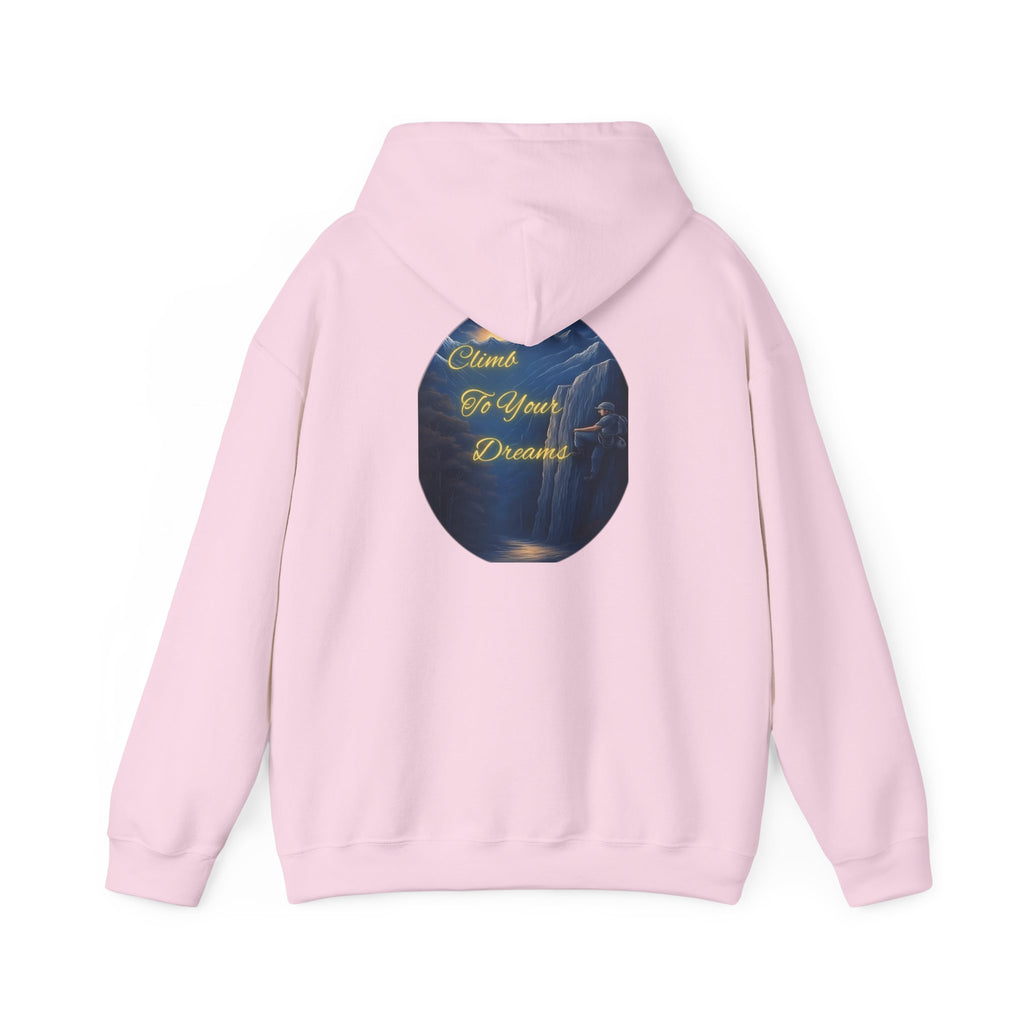 Climb To Your Dreams - Mountain Sunrise Hoodie | Back Glow Print + Front Badge | Heavy Blend™, Inspirational and Motivational Apparel, Gift for Dreamers, Creative Expression Wear