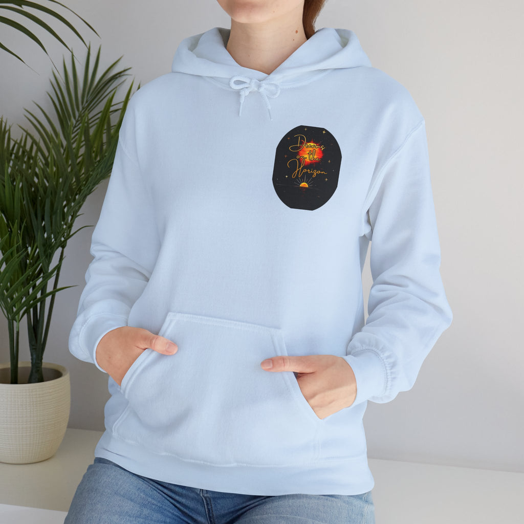 Dreams on the Horizon Sunrise Back Print Hooded Sweatshirt, Inspirational and Motivational Apparel, Gift for Dreamers, Creative Expression Wear