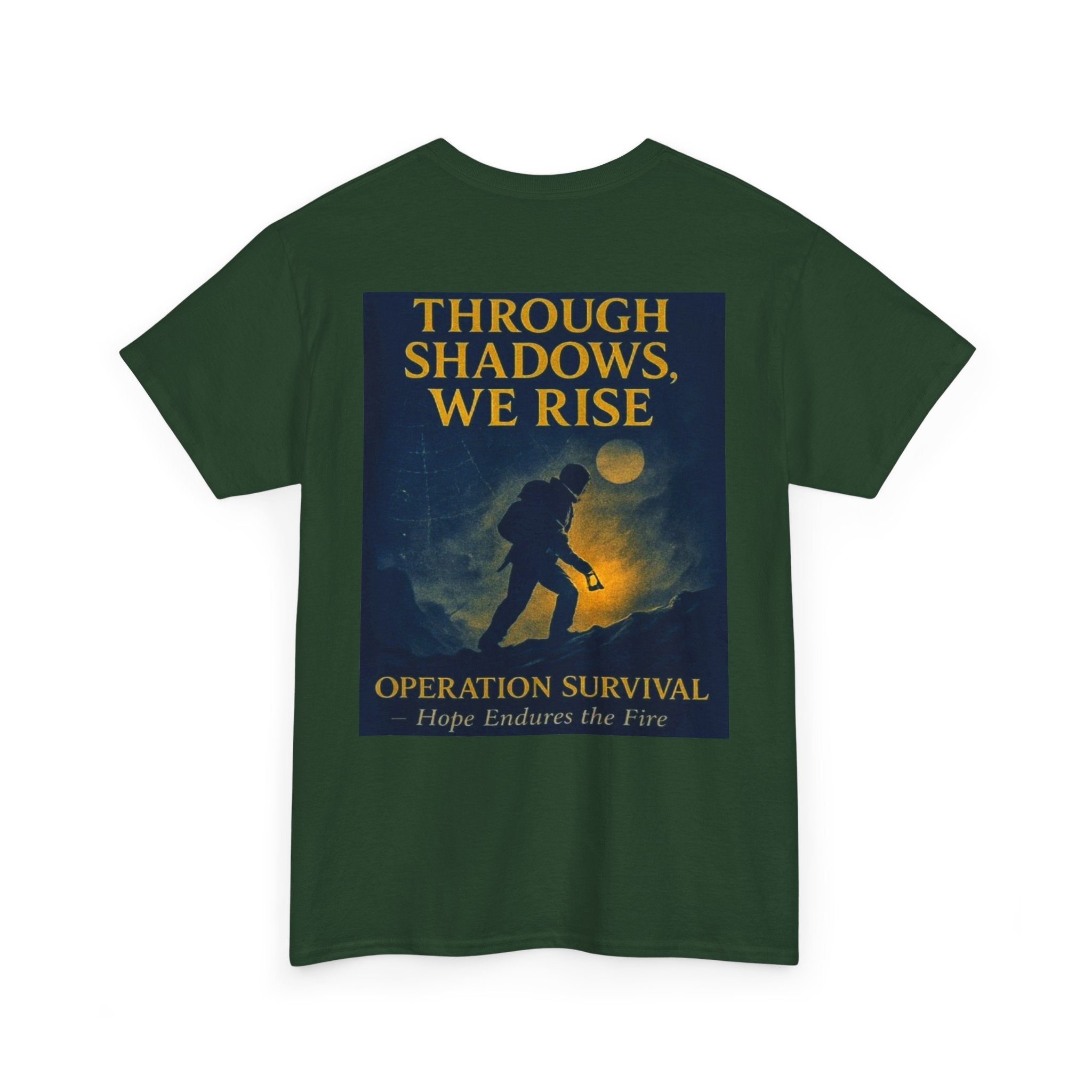 Through Shadows, We Rise - Back-print Cinematic Artwork Operation Survival Tee. Inspirational and Motivational Apparel, Gift for Dreamers, Creative Expression Wear