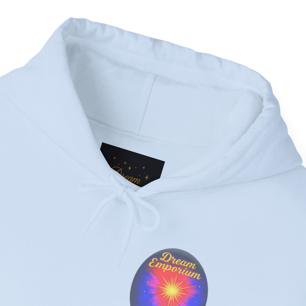 Dream Emporium – Back Printed Radiant Starburst Heavy Blend™ Hooded Sweatshirt, Inspirational and Motivational Apparel, Gift for Dreamers, Creative Expression Wear