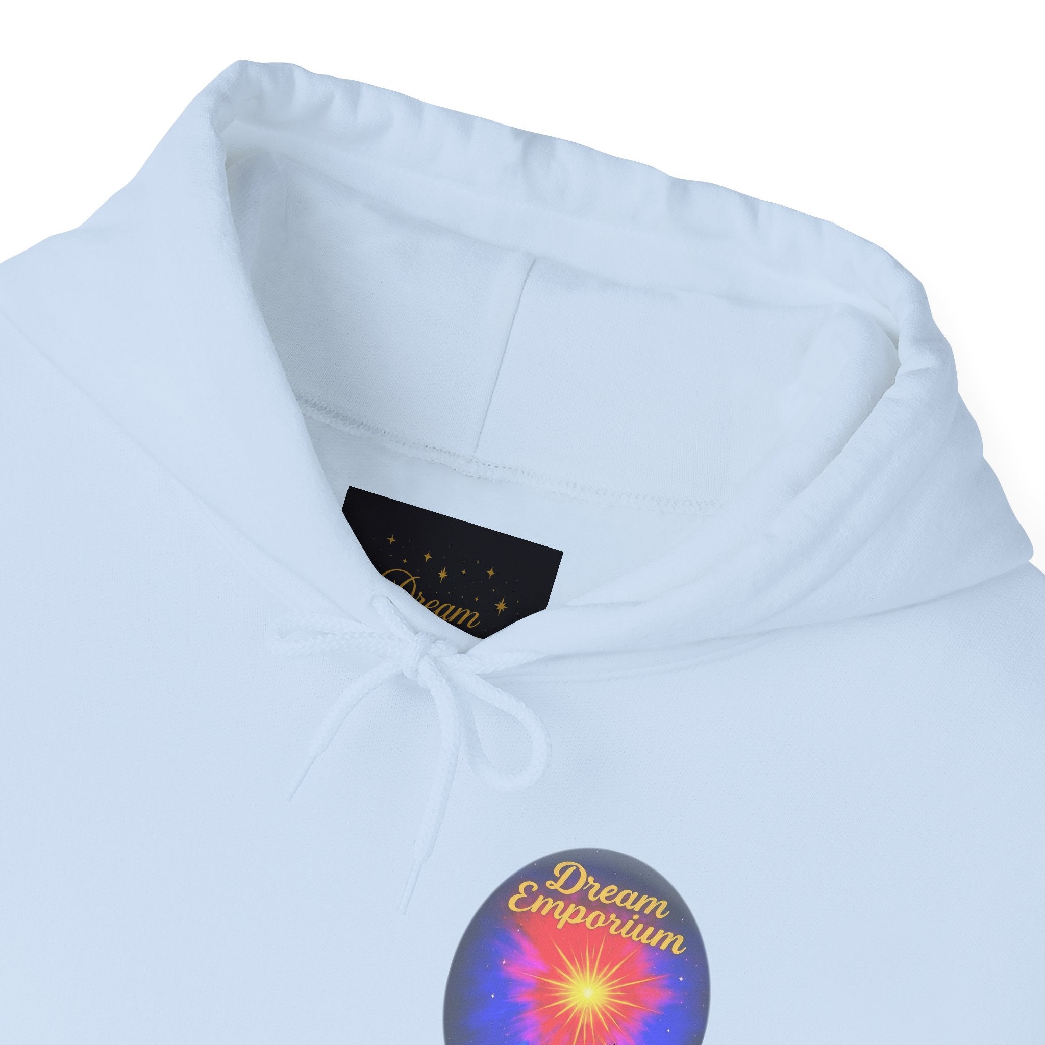 Dream Emporium – Back Printed Radiant Starburst Heavy Blend™ Hooded Sweatshirt, Inspirational and Motivational Apparel, Gift for Dreamers, Creative Expression Wear