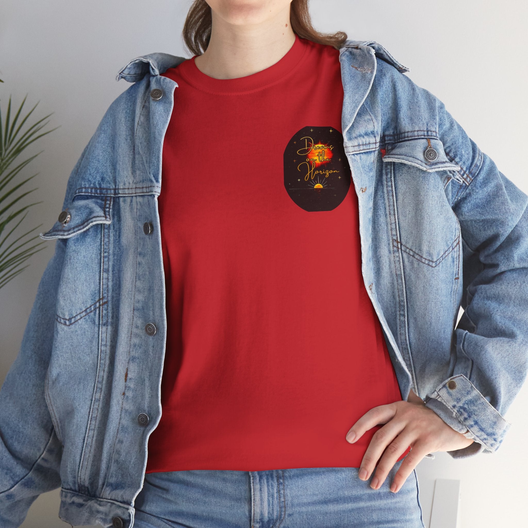 Dreams on the Horizon – Sunrise Back-Print Heavy Cotton Tee, Inspirational and Motivational Apparel, Gift for Dreamers, Creative Expression Wear