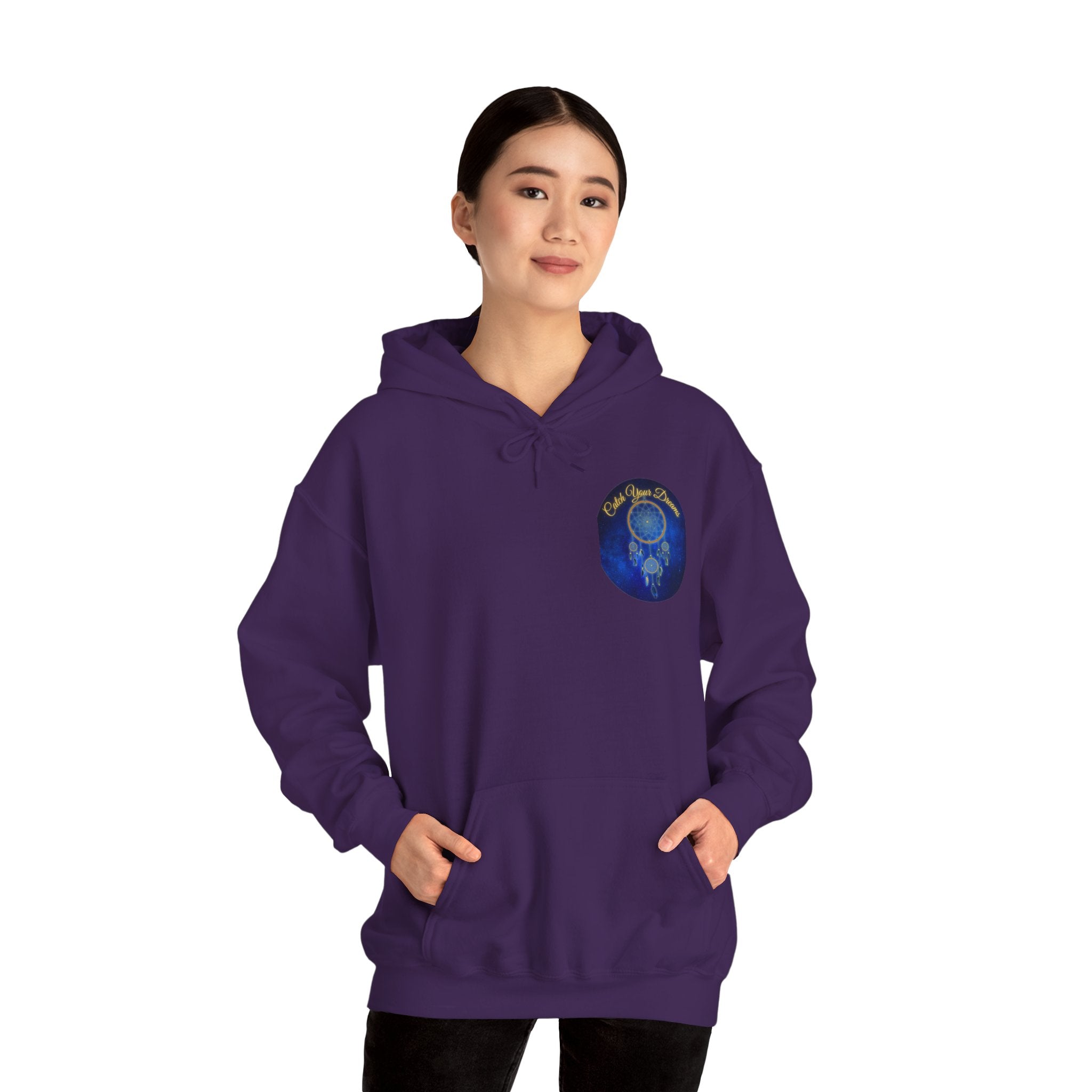 Catch Your Dream – Dreamcatcher Back Print Hooded Sweatshirt, Inspirational and Motivational Apparel, Gift for Dreamers, Creative Expression Wear