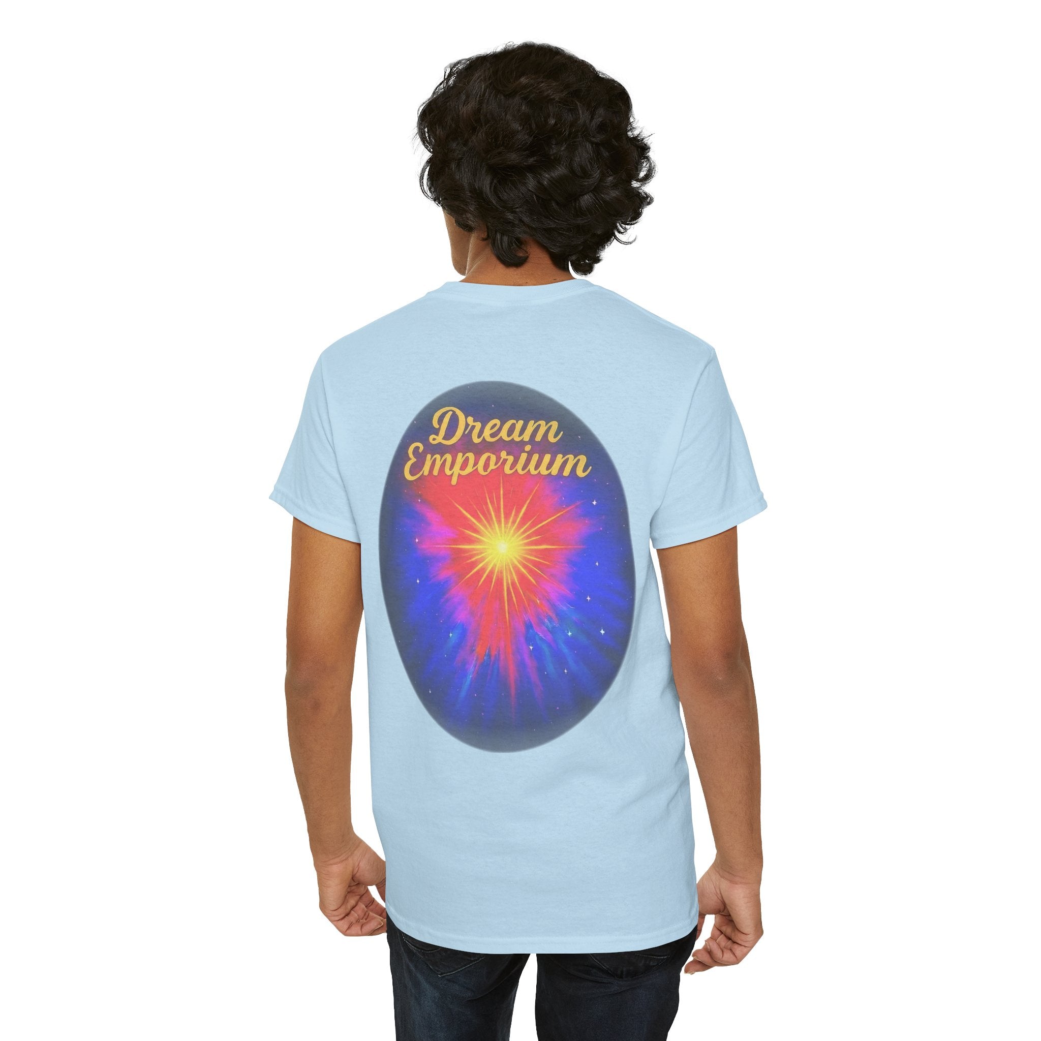 Dream Emporium – Back Printed Radiant Starburst Heavy Blend™ Cotton Tee,Inspirational and Motivational Apparel, Gift for Dreamers, Creative Expression Wear