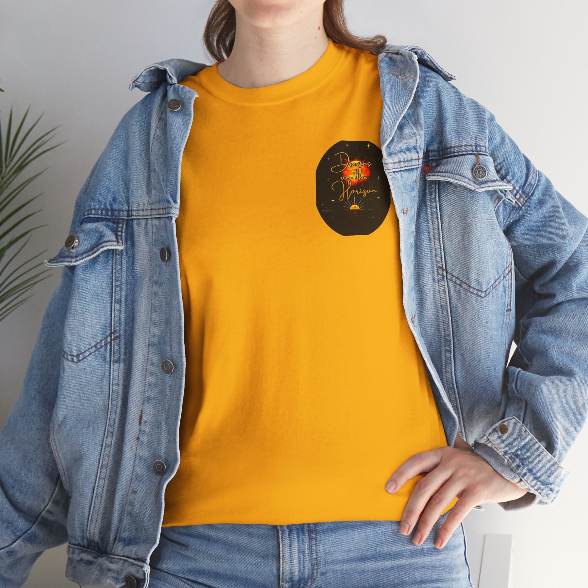 Dreams on the Horizon – Sunrise Back-Print Heavy Cotton Tee, Inspirational and Motivational Apparel, Gift for Dreamers, Creative Expression Wear