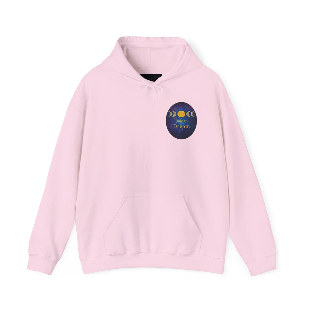 Dare to Dream Moon-Phase Hoodie | Back Glow Print + Front Badge | Heavy Blend™, Inspirational and Motivational Apparel, Gift for Dreamers, Creative Expression Wear