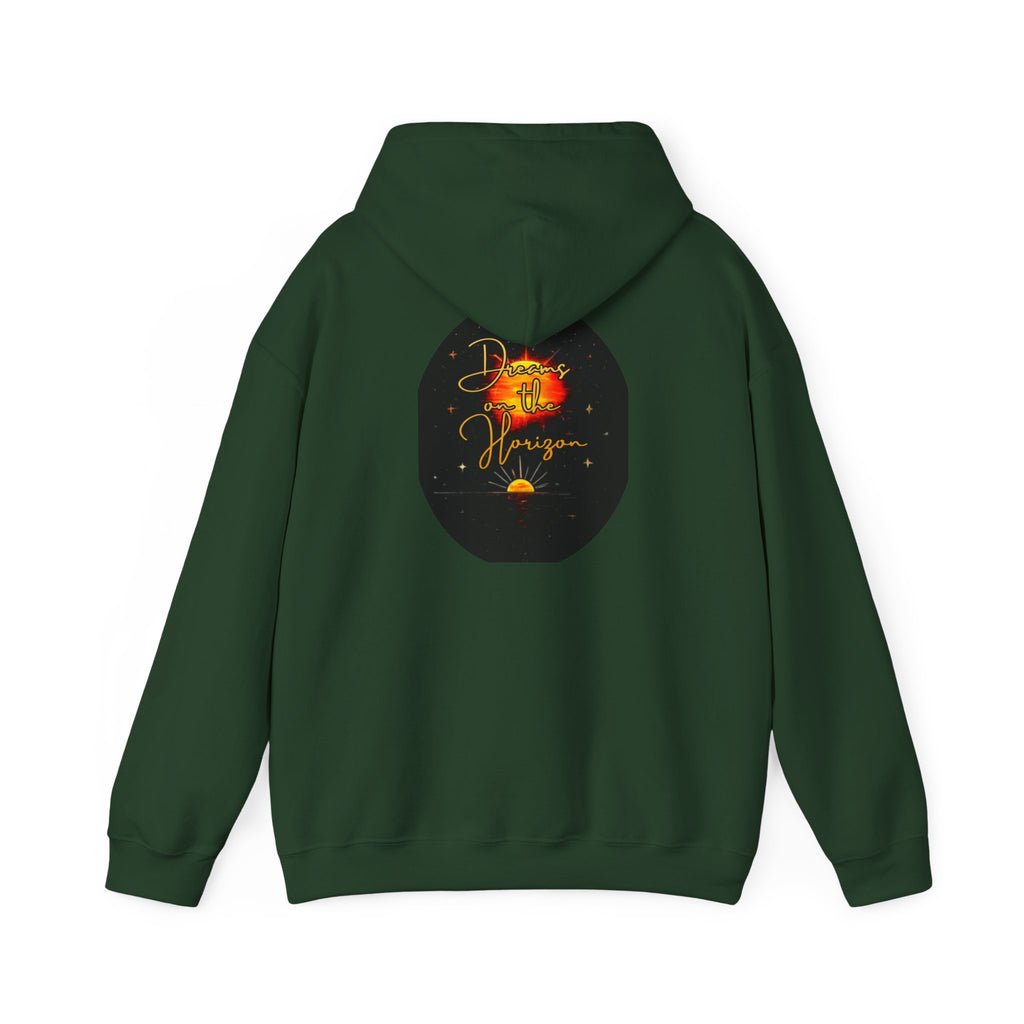 Dreams on the Horizon Sunrise Back Print Hooded Sweatshirt, Inspirational and Motivational Apparel, Gift for Dreamers, Creative Expression Wear