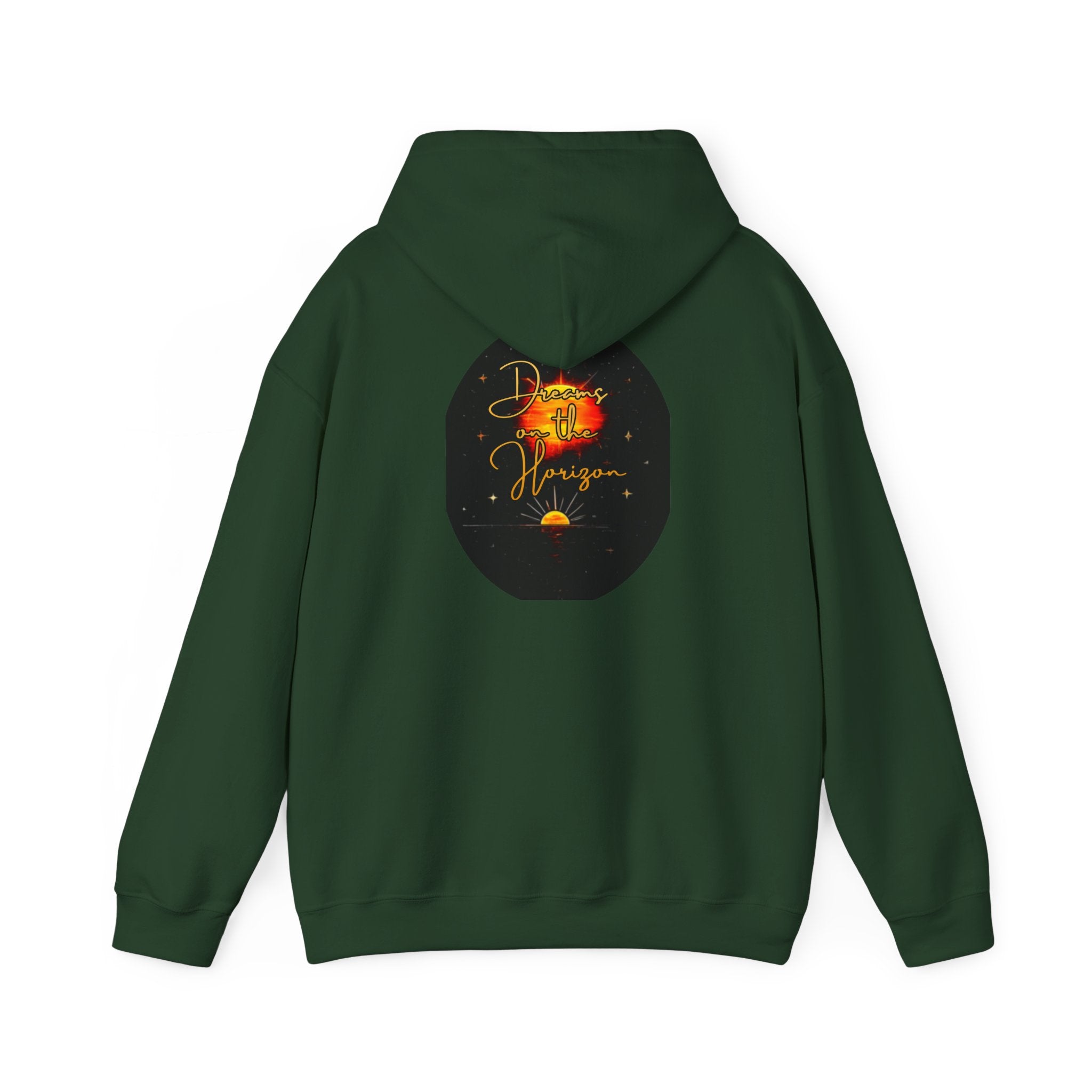Dreams on the Horizon Sunrise Back Print Hooded Sweatshirt, Inspirational and Motivational Apparel, Gift for Dreamers, Creative Expression Wear