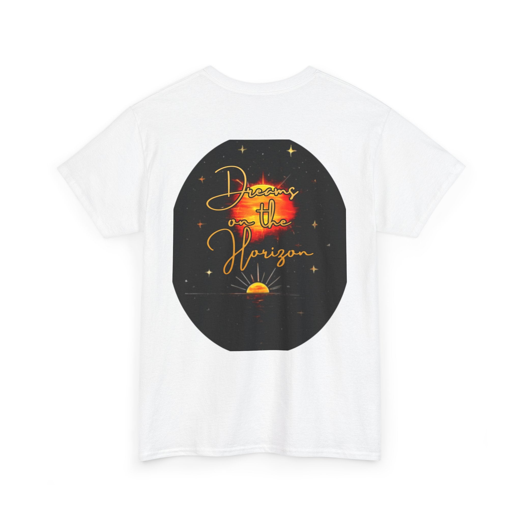 Dreams on the Horizon – Sunrise Back-Print Heavy Cotton Tee, Inspirational and Motivational Apparel, Gift for Dreamers, Creative Expression Wear