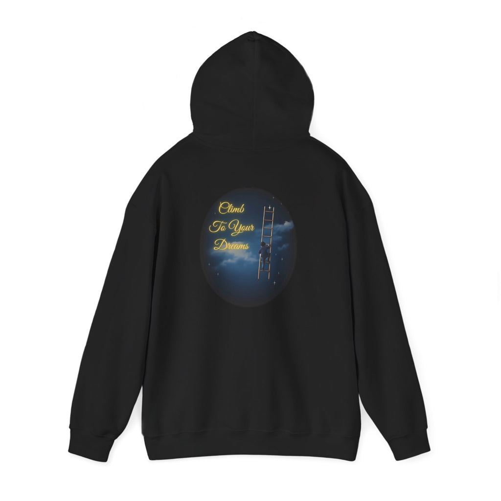 Climb To Your Dreams – Starry Night Ladder-to-Moon Back-Print Hoodie + Front Badge | Gildan 18500, Inspirational and Motivational Apparel, Gift for Dreamers, Creative Expression Wear