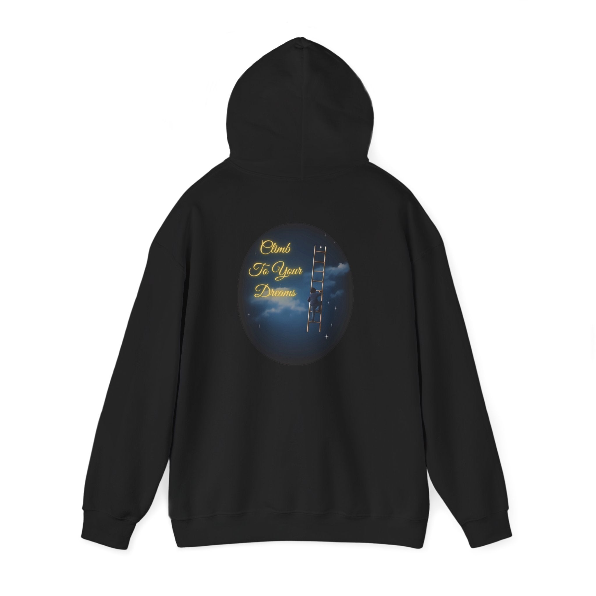 Climb To Your Dreams – Starry Night Ladder-to-Moon Back-Print Hoodie + Front Badge | Gildan 18500, Inspirational and Motivational Apparel, Gift for Dreamers, Creative Expression Wear