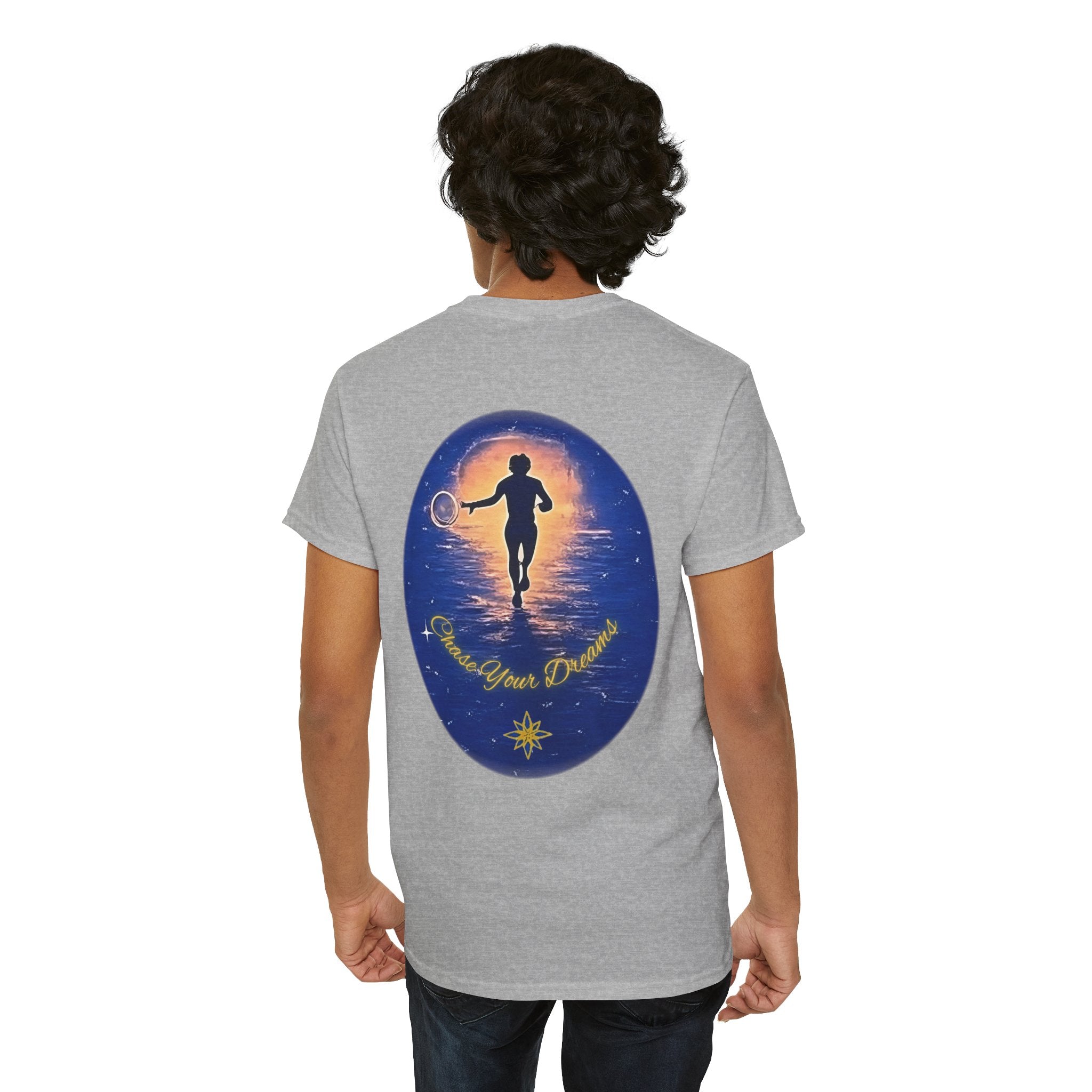 Chase Your Dreams – Sunrise Silhouette Back Printed Heavy Cotton Tee, Inspirational and Motivational Apparel, Gift for Dreamers, Creative Expression Wear