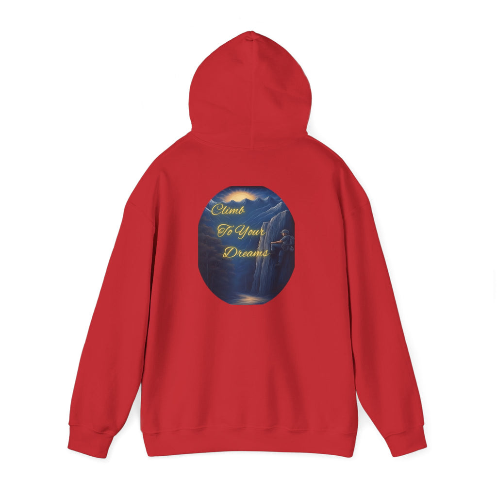 Climb To Your Dreams - Mountain Sunrise Hoodie | Back Glow Print + Front Badge | Heavy Blend™, Inspirational and Motivational Apparel, Gift for Dreamers, Creative Expression Wear