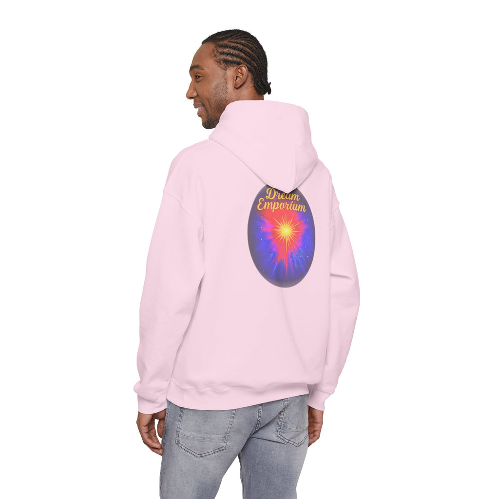 Dream Emporium – Back Printed Radiant Starburst Heavy Blend™ Hooded Sweatshirt, Inspirational and Motivational Apparel, Gift for Dreamers, Creative Expression Wear