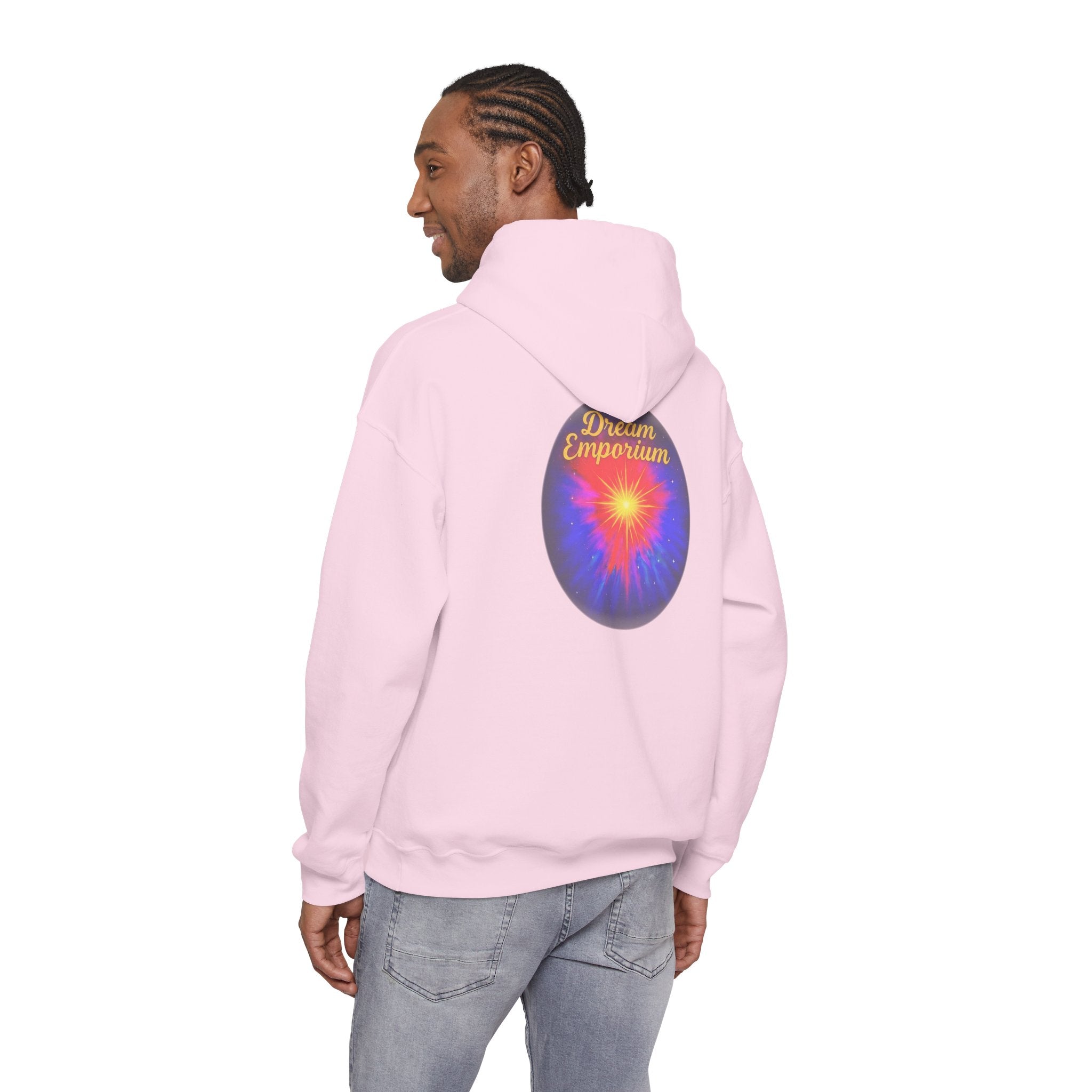 Dream Emporium – Back Printed Radiant Starburst Heavy Blend™ Hooded Sweatshirt, Inspirational and Motivational Apparel, Gift for Dreamers, Creative Expression Wear