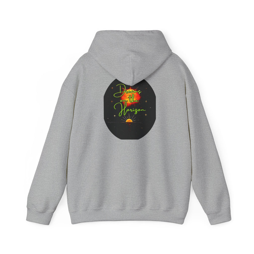 Dreams on the Horizon (Lemongrass) Sunrise Back Print Hooded Sweatshirt, Inspirational and Motivational Apparel, Gift for Dreamers, Creative Expression Wear