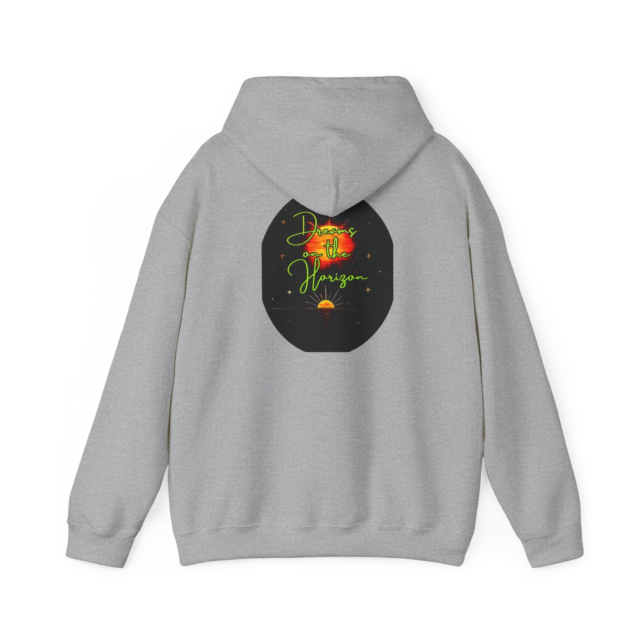 Dreams on the Horizon (Lemongrass) Sunrise Back Print Hooded Sweatshirt, Inspirational and Motivational Apparel, Gift for Dreamers, Creative Expression Wear