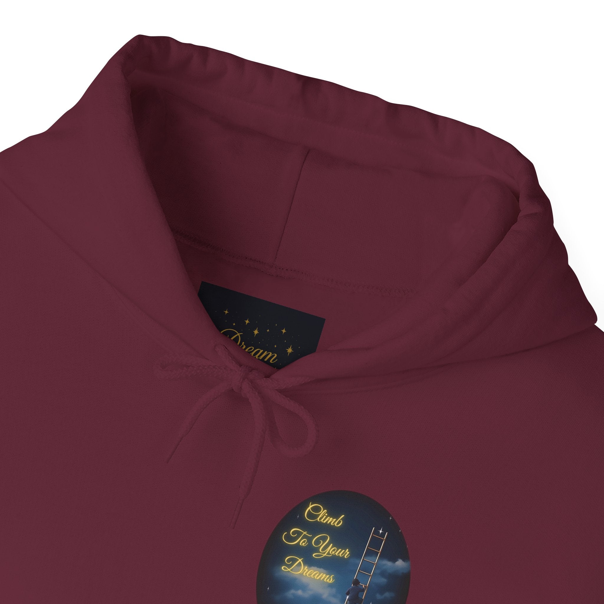 Climb To Your Dreams – Starry Night Ladder-to-Moon Back-Print Hoodie + Front Badge | Gildan 18500, Inspirational and Motivational Apparel, Gift for Dreamers, Creative Expression Wear