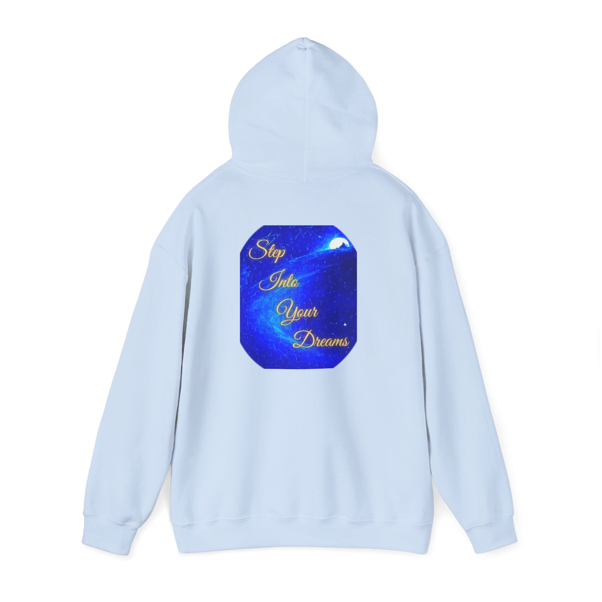 Step Into Your Dreams – Cosmic Gateway Back-print Hoodie | Tiny front badge | Gildan Heavy Blend™. Inspirational and Motivational Apparel, Gift for Dreamers, Creative Expression
