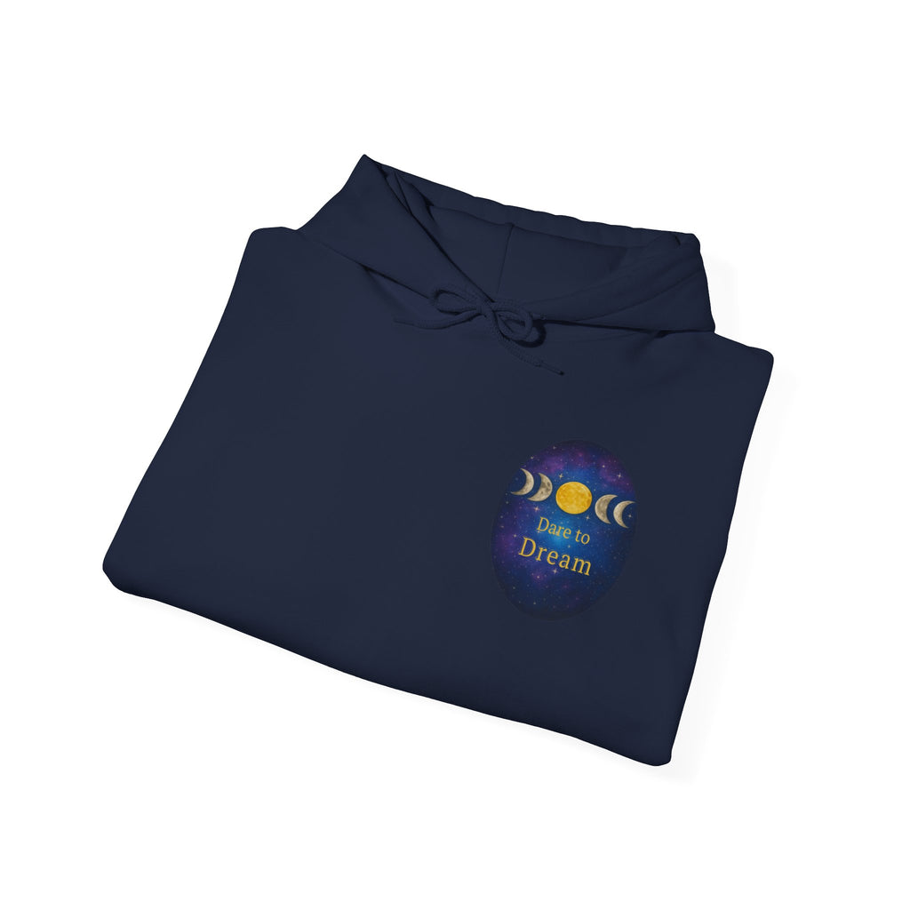 Dare to Dream Moon-Phase Hoodie | Back Glow Print + Front Badge | Heavy Blend™, Inspirational and Motivational Apparel, Gift for Dreamers, Creative Expression Wear