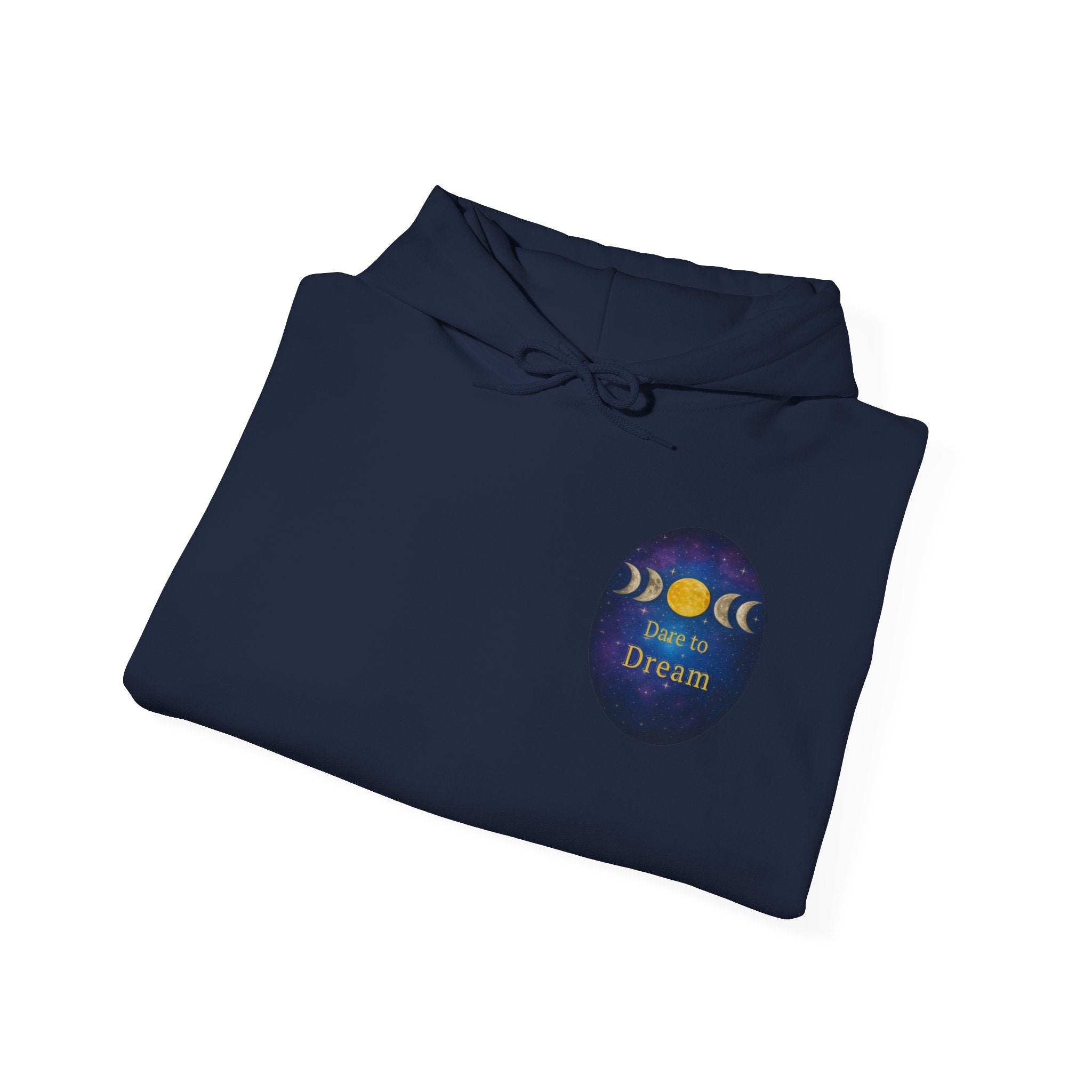 Dare to Dream Moon-Phase Hoodie | Back Glow Print + Front Badge | Heavy Blend™, Inspirational and Motivational Apparel, Gift for Dreamers, Creative Expression Wear