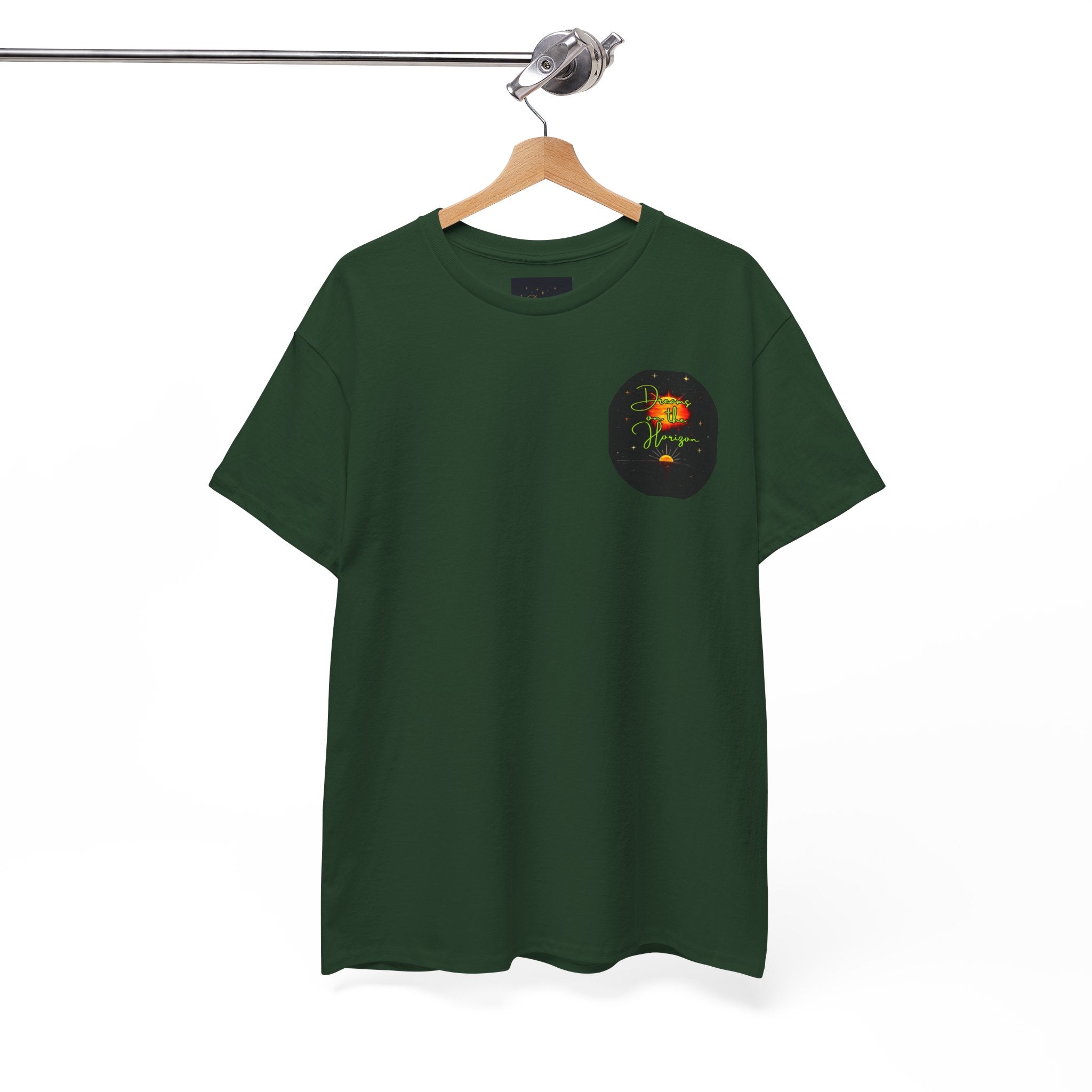 Dreams on the Horizon (Lemongrass) – Sunrise Back-Print Heavy Cotton Tee, Inspirational and Motivational Apparel, Gift for Dreamers, Creative Expression Wear