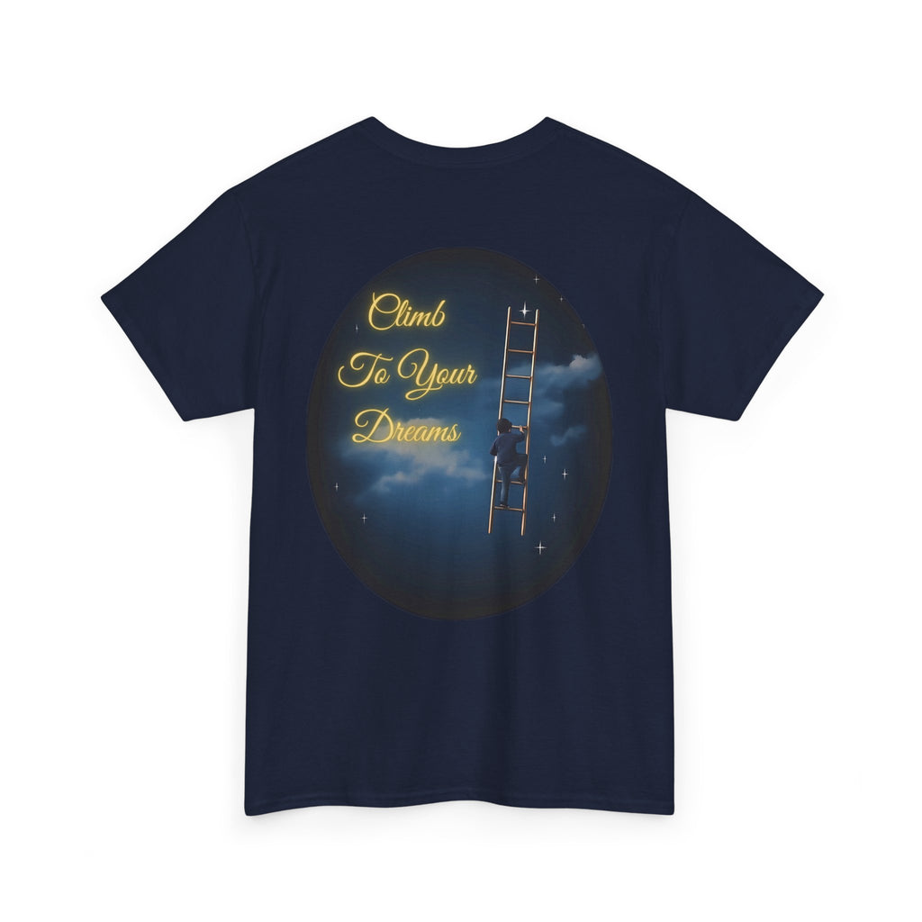 Climb To Your Dreams – Starry Night Ladder Back-Print Tee + Front Badge | Gildan 5000, Inspirational and Motivational Apparel, Gift for Dreamers, Creative Expression Wear