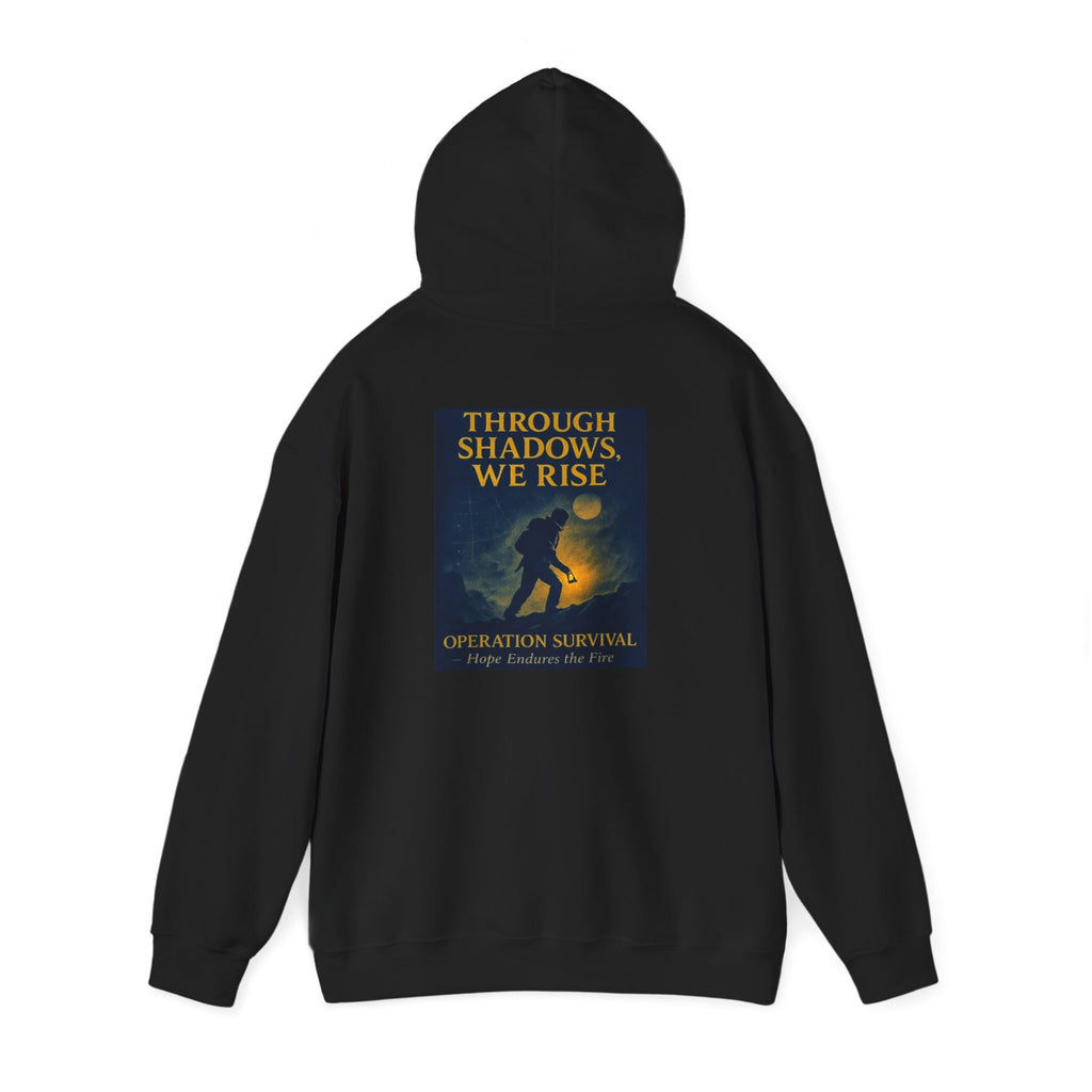 Through Shadows, We Rise – Back-print Cinematic Artwork Operation Survival Hoodie  | Gildan Heavy Blend™ 18500 — Inspirational and Motivational Apparel, Gift for Dreamers, Creative Expression Wear
