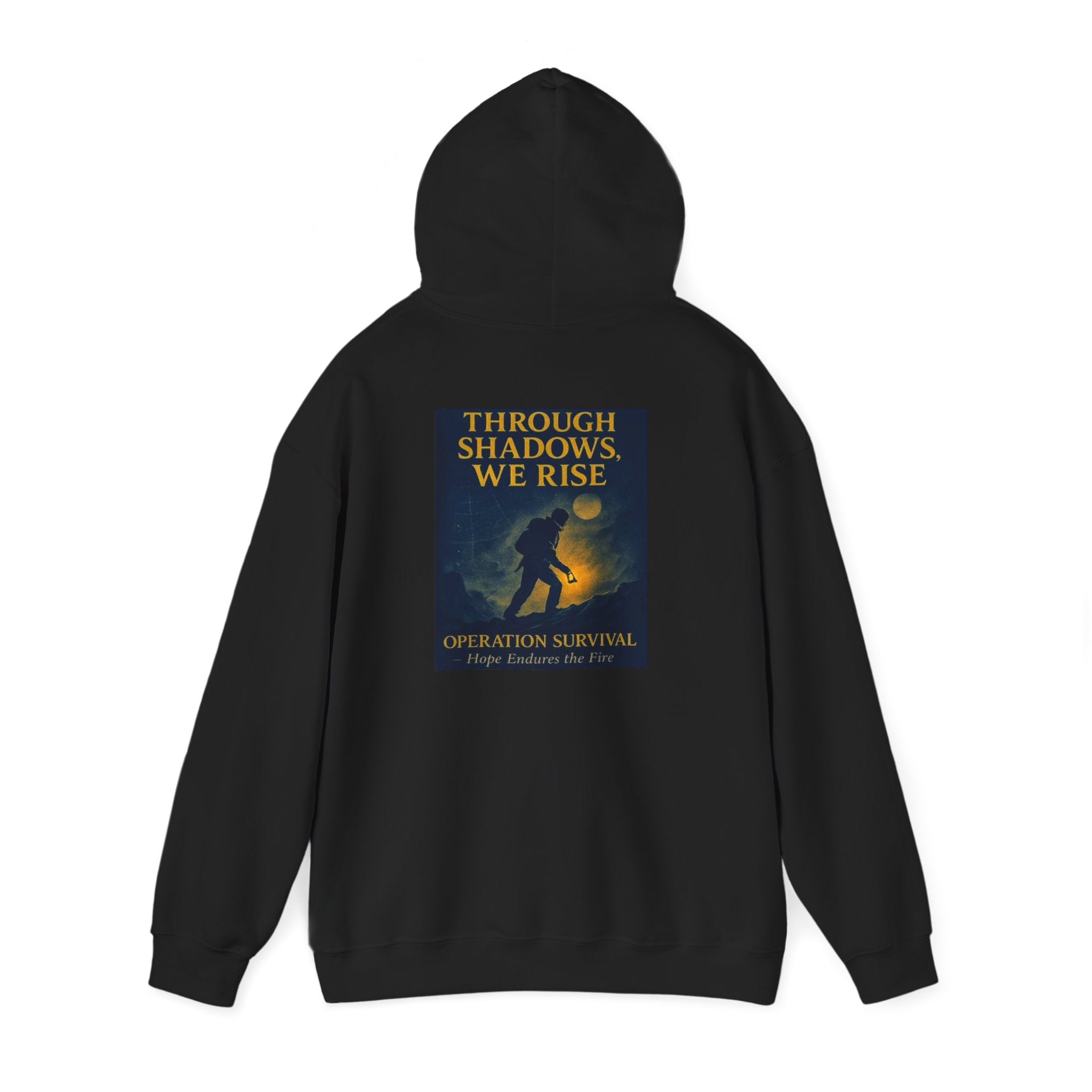 Through Shadows, We Rise – Back-print Cinematic Artwork Operation Survival Hoodie  | Gildan Heavy Blend™ 18500 — Inspirational and Motivational Apparel, Gift for Dreamers, Creative Expression Wear