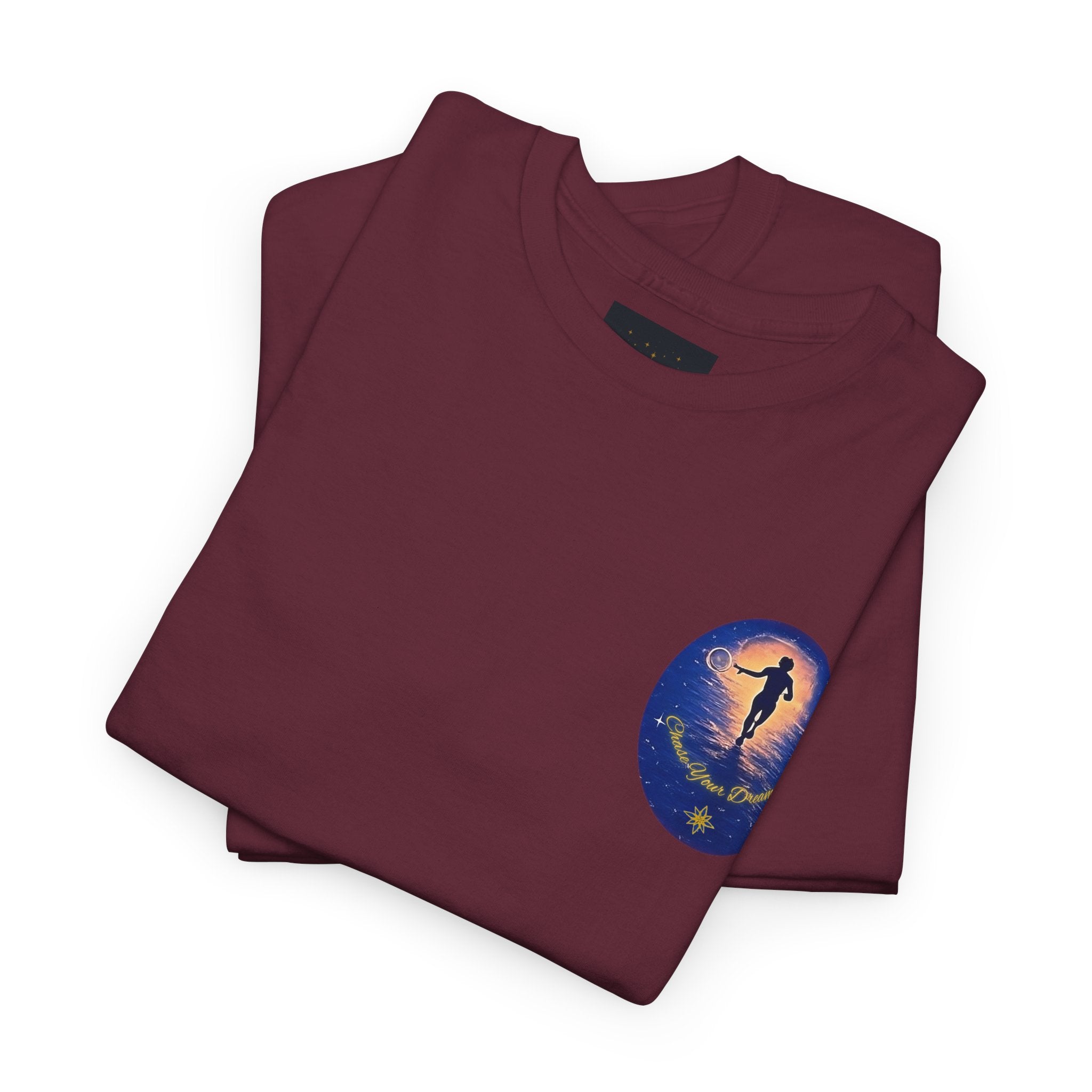 Chase Your Dreams – Sunrise Silhouette Back Printed Heavy Cotton Tee, Inspirational and Motivational Apparel, Gift for Dreamers, Creative Expression Wear