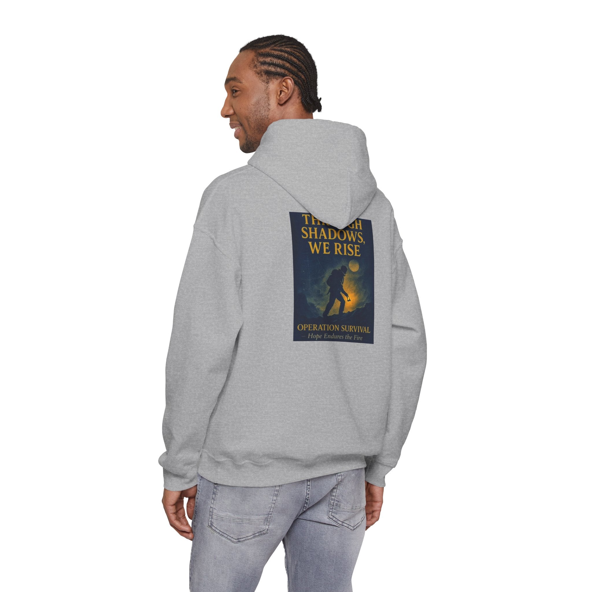 Through Shadows, We Rise – Back-print Cinematic Artwork Operation Survival Hoodie  | Gildan Heavy Blend™ 18500 — Inspirational and Motivational Apparel, Gift for Dreamers, Creative Expression Wear