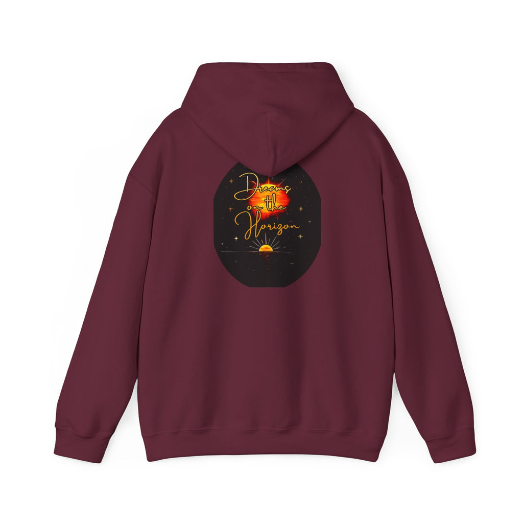 Dreams on the Horizon Sunrise Back Print Hooded Sweatshirt, Inspirational and Motivational Apparel, Gift for Dreamers, Creative Expression Wear