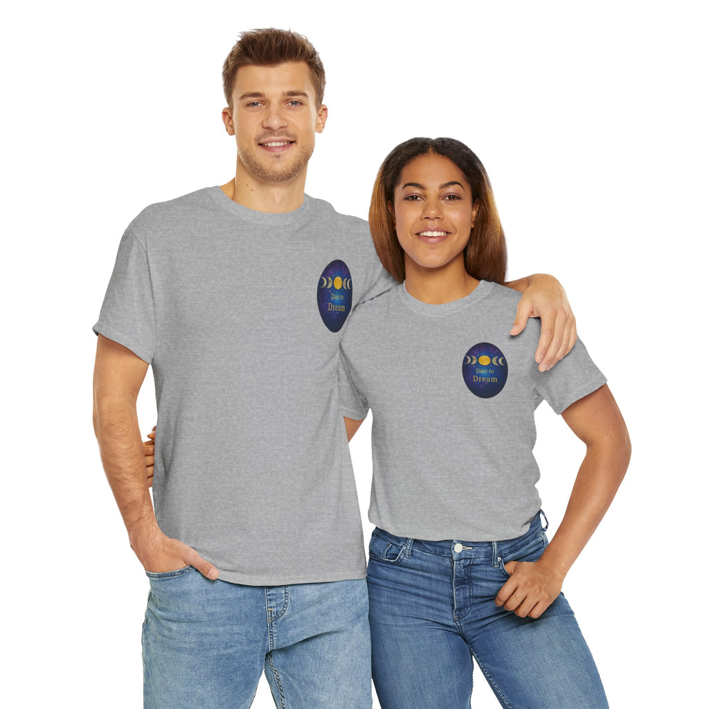 Dare to Dream Moon-Phase Tee – Golden Full Moon Back Print + Front Badge | Gildan 5000 Heavy Cotton, Inspirational and Motivational Apparel, Gift for Dreamers, Creative Expression Wear