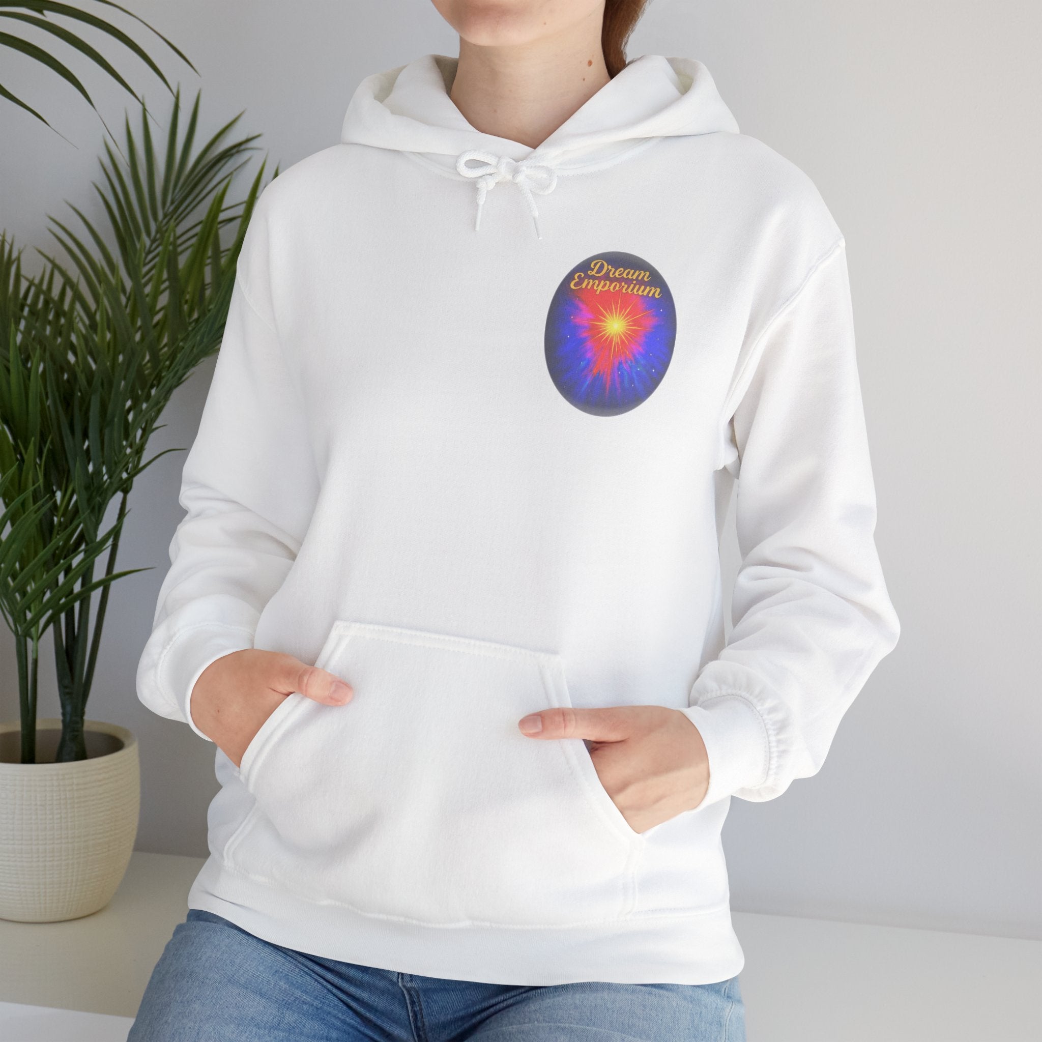 Dream Emporium – Back Printed Radiant Starburst Heavy Blend™ Hooded Sweatshirt, Inspirational and Motivational Apparel, Gift for Dreamers, Creative Expression Wear