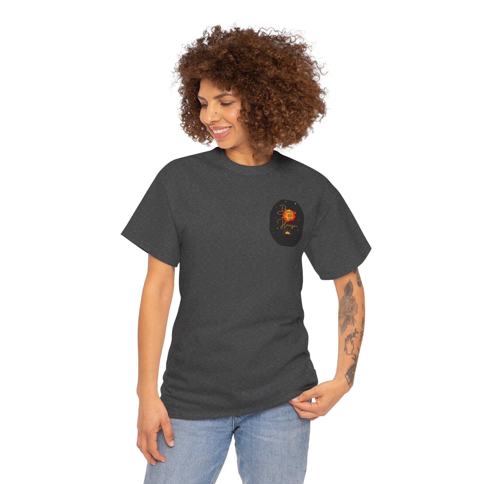 Dreams on the Horizon – Sunrise Back-Print Heavy Cotton Tee, Inspirational and Motivational Apparel, Gift for Dreamers, Creative Expression Wear