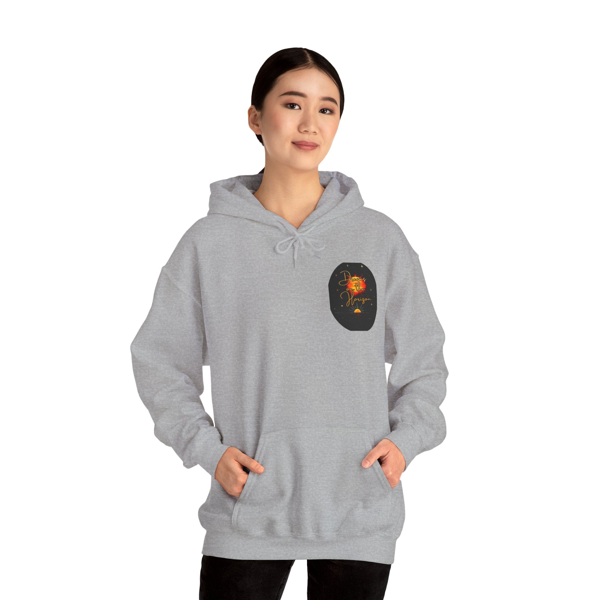Dreams on the Horizon Sunrise Back Print Hooded Sweatshirt, Inspirational and Motivational Apparel, Gift for Dreamers, Creative Expression Wear