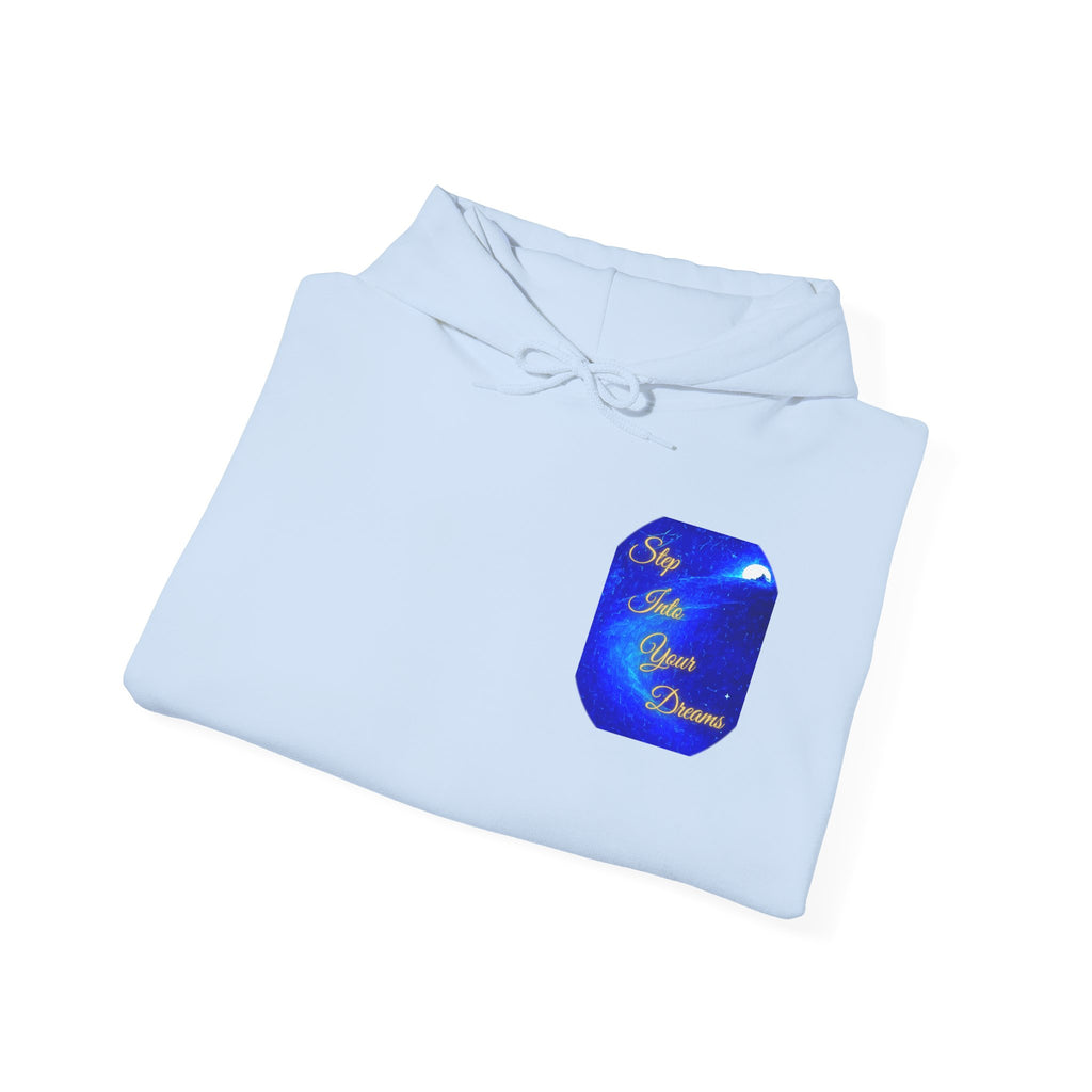 Step Into Your Dreams – Cosmic Gateway Back-print Hoodie | Tiny front badge | Gildan Heavy Blend™. Inspirational and Motivational Apparel, Gift for Dreamers, Creative Expression