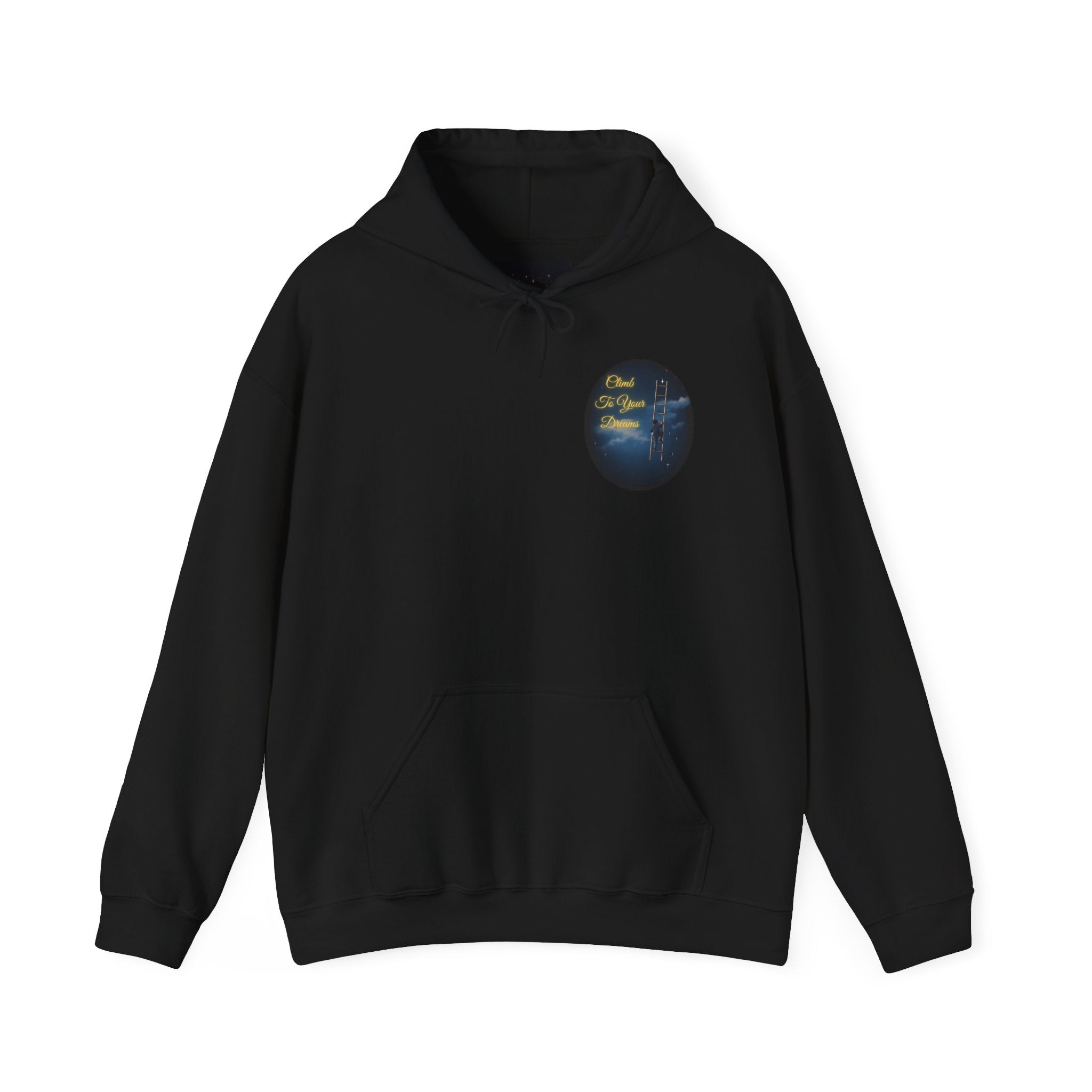 Climb To Your Dreams – Starry Night Ladder-to-Moon Back-Print Hoodie + Front Badge | Gildan 18500, Inspirational and Motivational Apparel, Gift for Dreamers, Creative Expression Wear