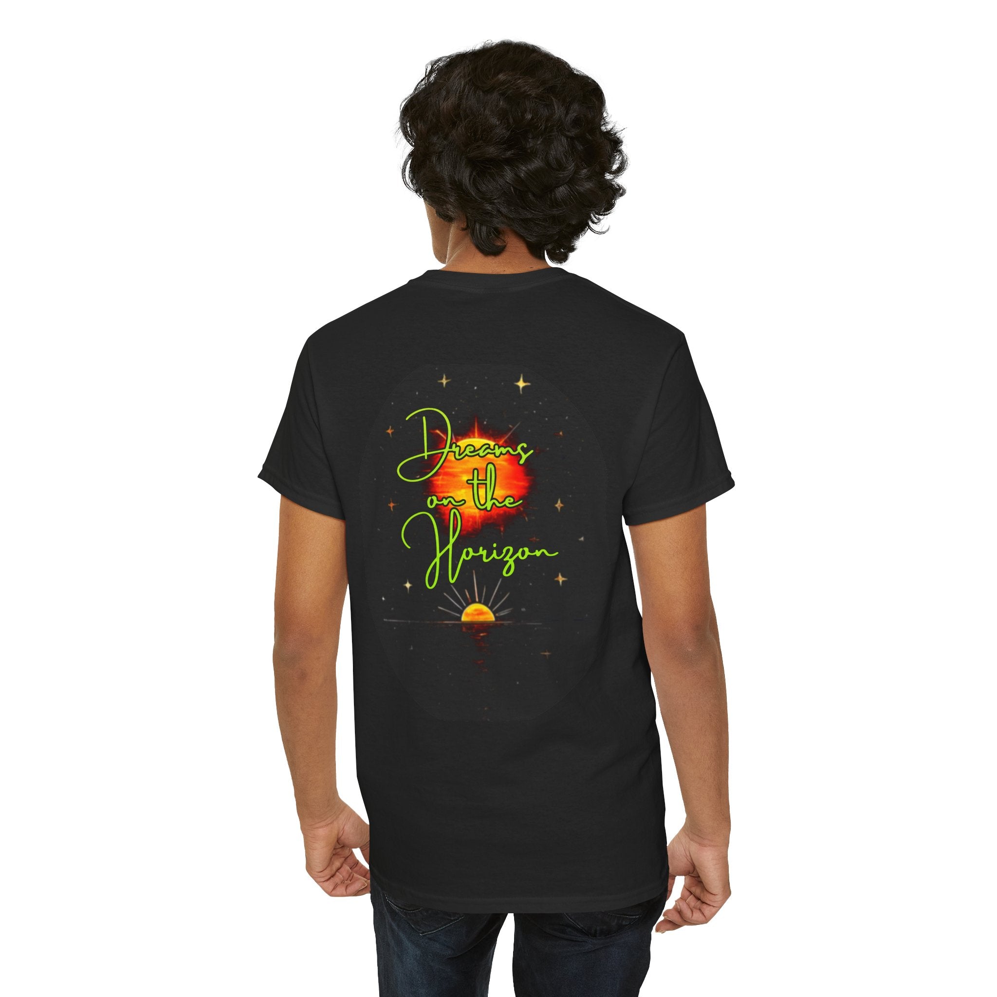 Dreams on the Horizon (Lemongrass) – Sunrise Back-Print Heavy Cotton Tee, Inspirational and Motivational Apparel, Gift for Dreamers, Creative Expression Wear