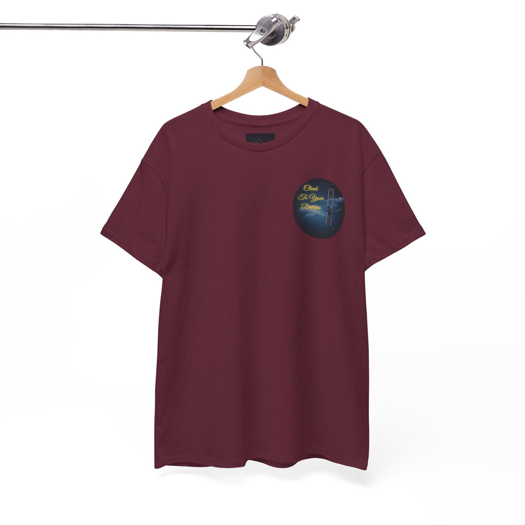 Climb To Your Dreams – Starry Night Ladder Back-Print Tee + Front Badge | Gildan 5000, Inspirational and Motivational Apparel, Gift for Dreamers, Creative Expression Wear